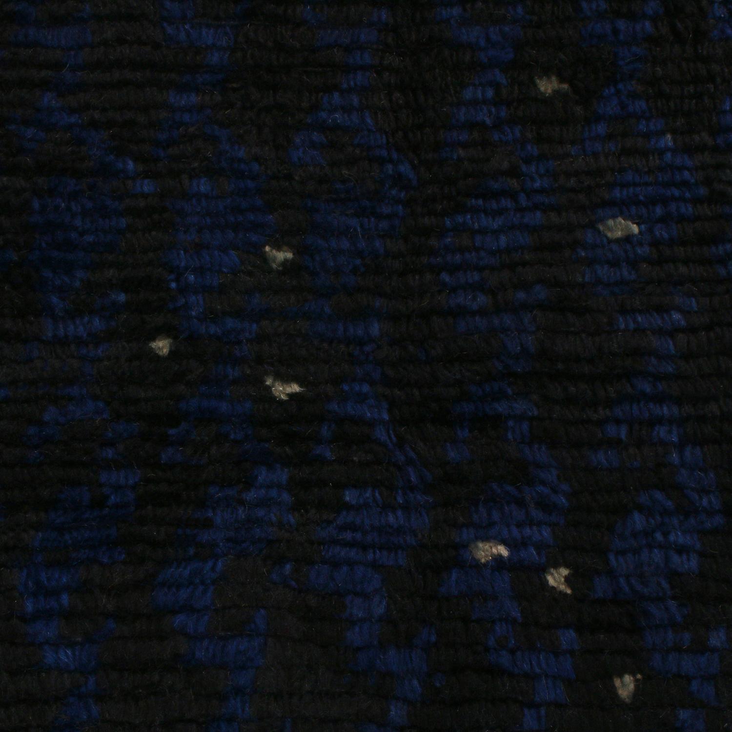 Indian Rug & Kilim’s Scandinavian-Inspired Geometric Black and Blue Wool Rug For Sale