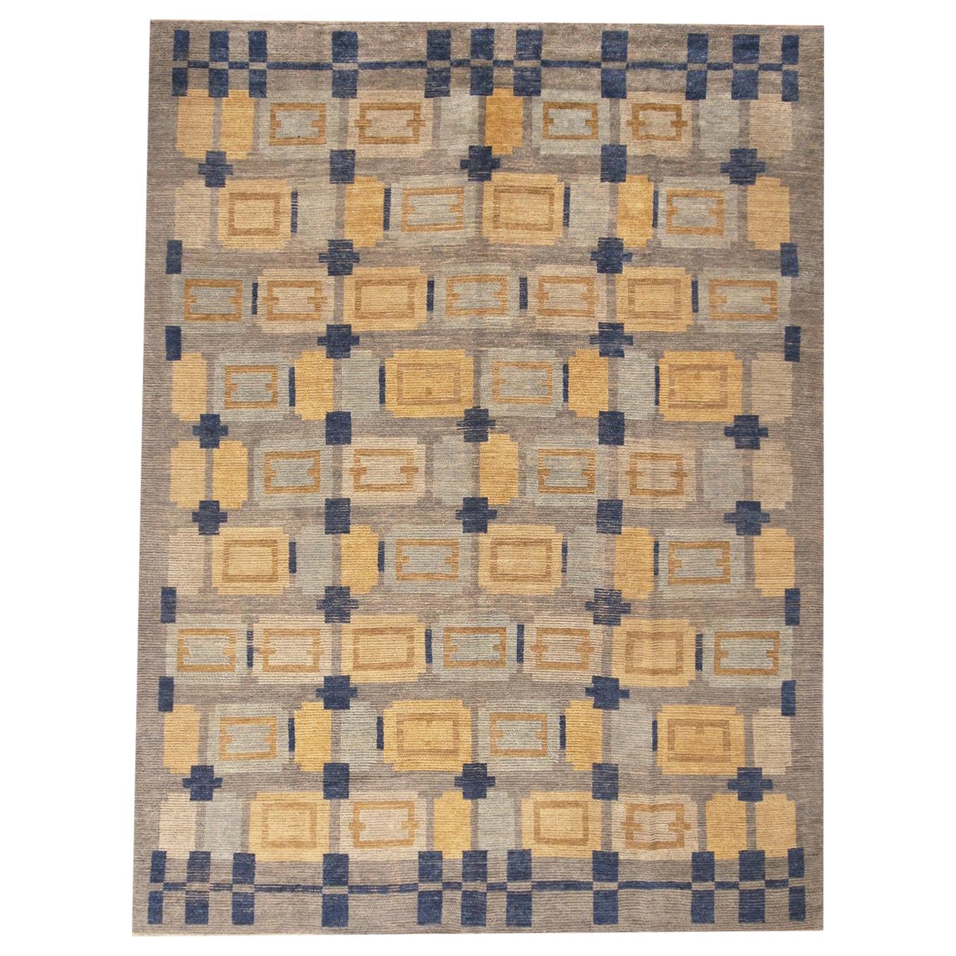 Rug & Kilim’s Scandinavian-Inspired Geometric Gold Beige and Blue Wool Pile Rug