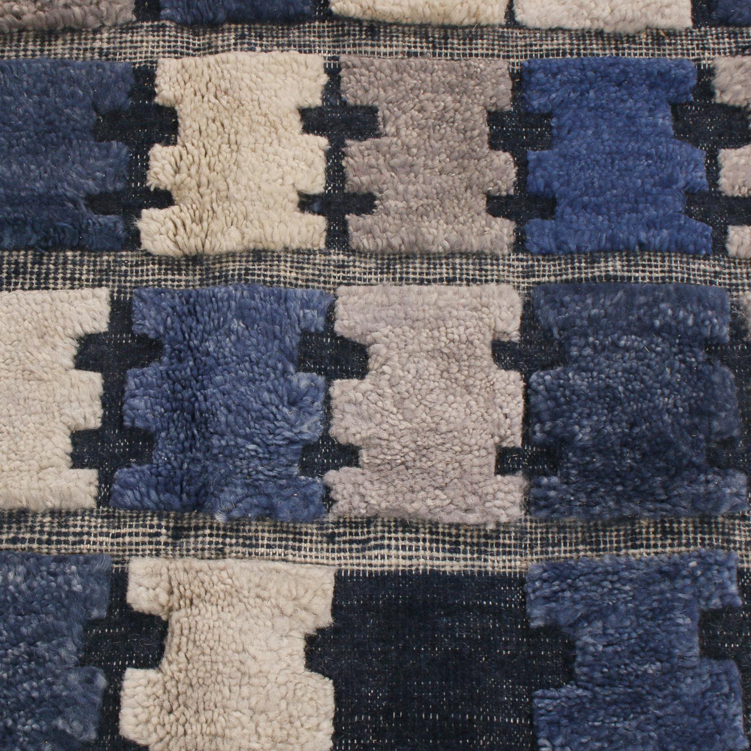 Scandinavian Modern Rug & Kilim’s Scandinavian Inspired Geometric Gray and Blue Wool Pile Rug For Sale