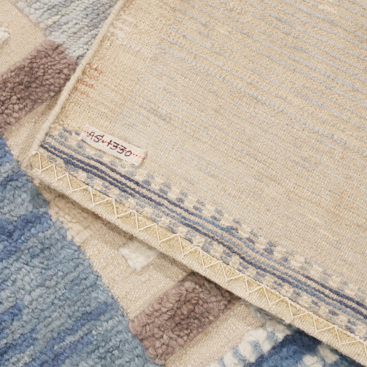 Indian Rug & Kilim’s Scandinavian Inspired Geometric Gray and Blue Wool Pile Rug For Sale
