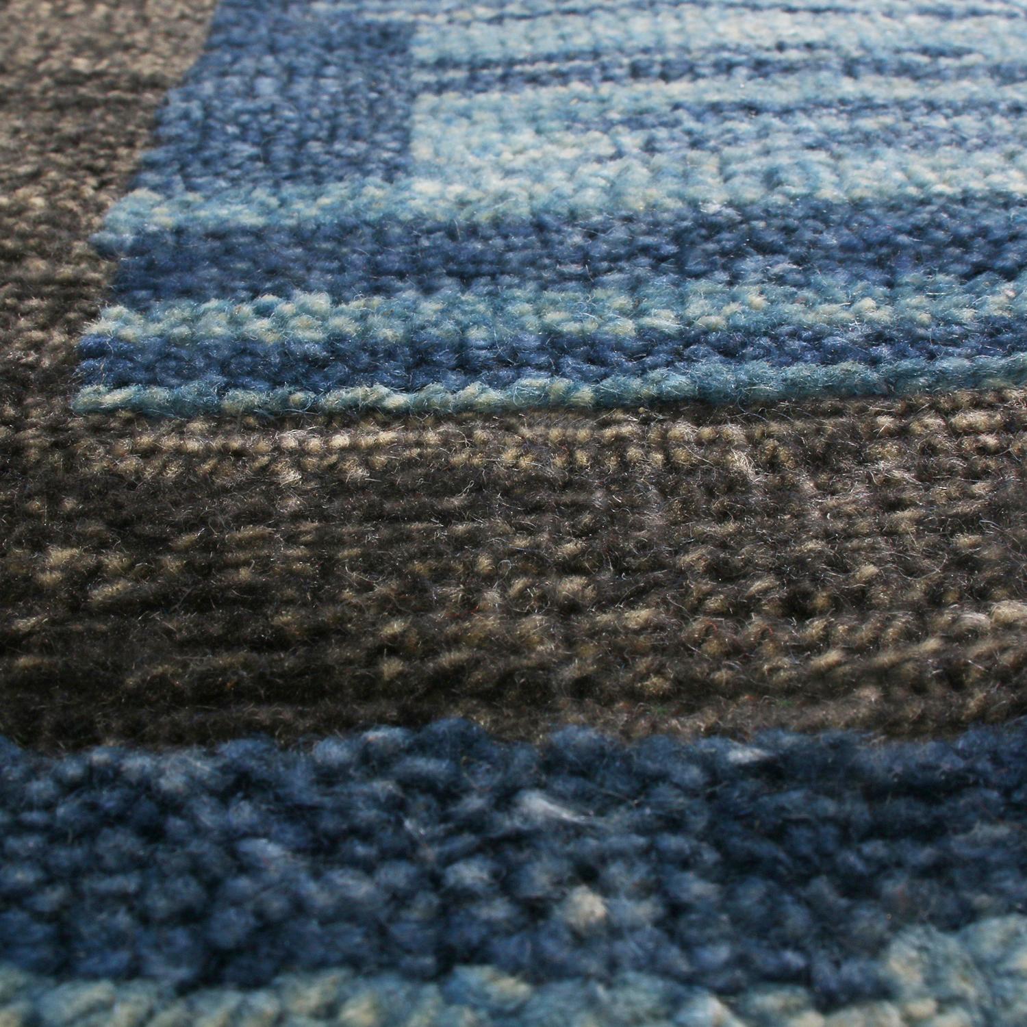 Hand-Knotted Rug & Kilim’s Scandinavian-Inspired Geometric Gray and Blue Wool Pile Rug