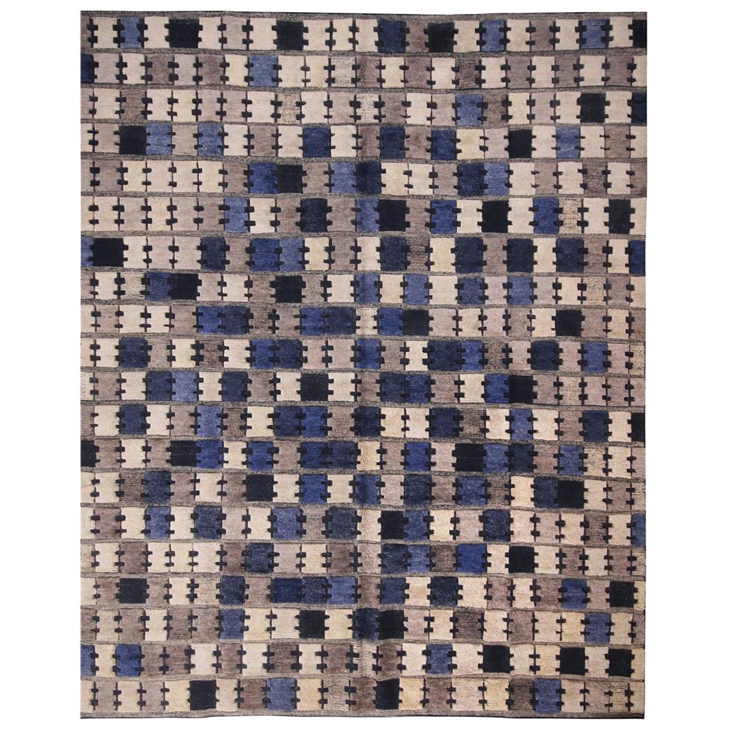 Tapis & Kilim's Scandinavian Inspired Geometric Gray and Blue Wool Pile Rug (en anglais)