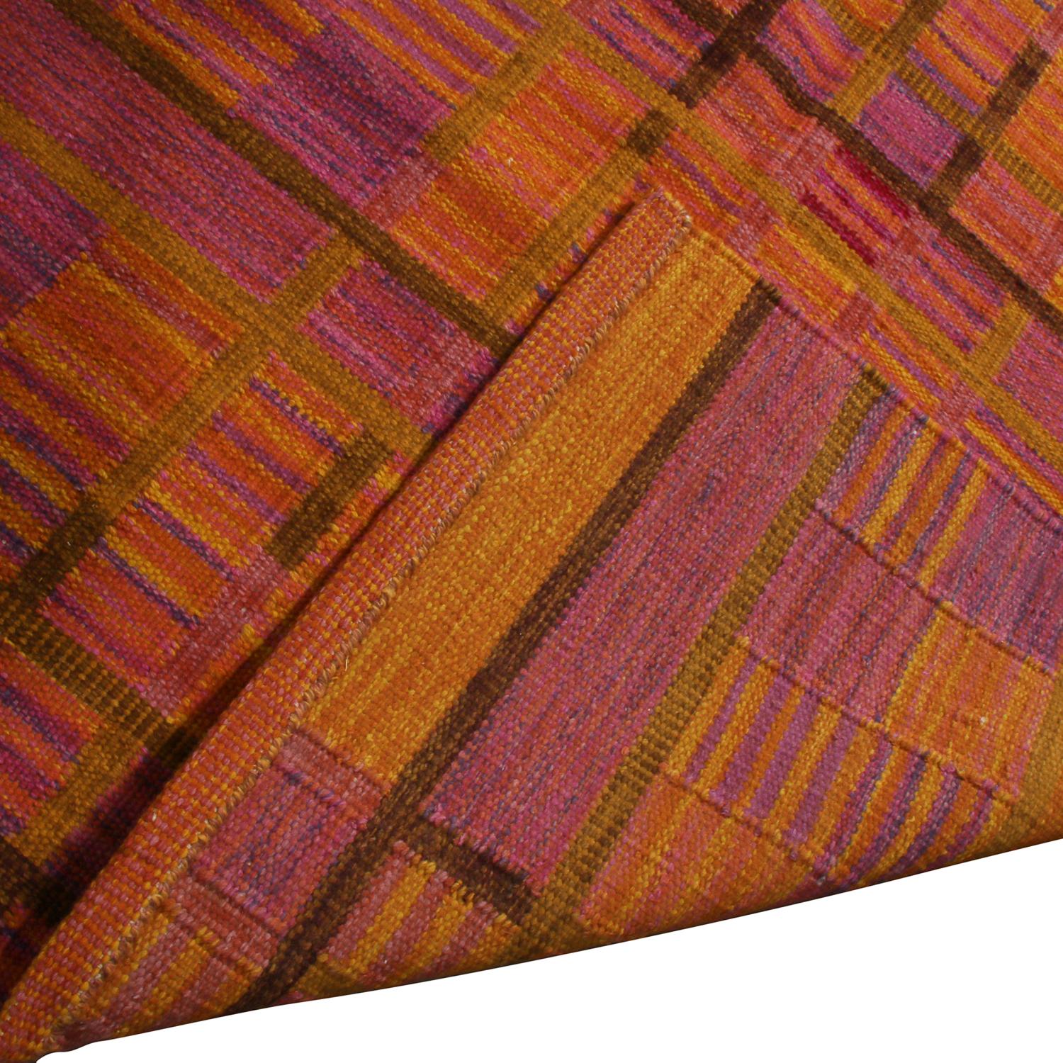 Hand-Woven Rug & Kilim’s Scandinavian-Inspired Gold and Pink Chenille Wool Kilim Rug For Sale