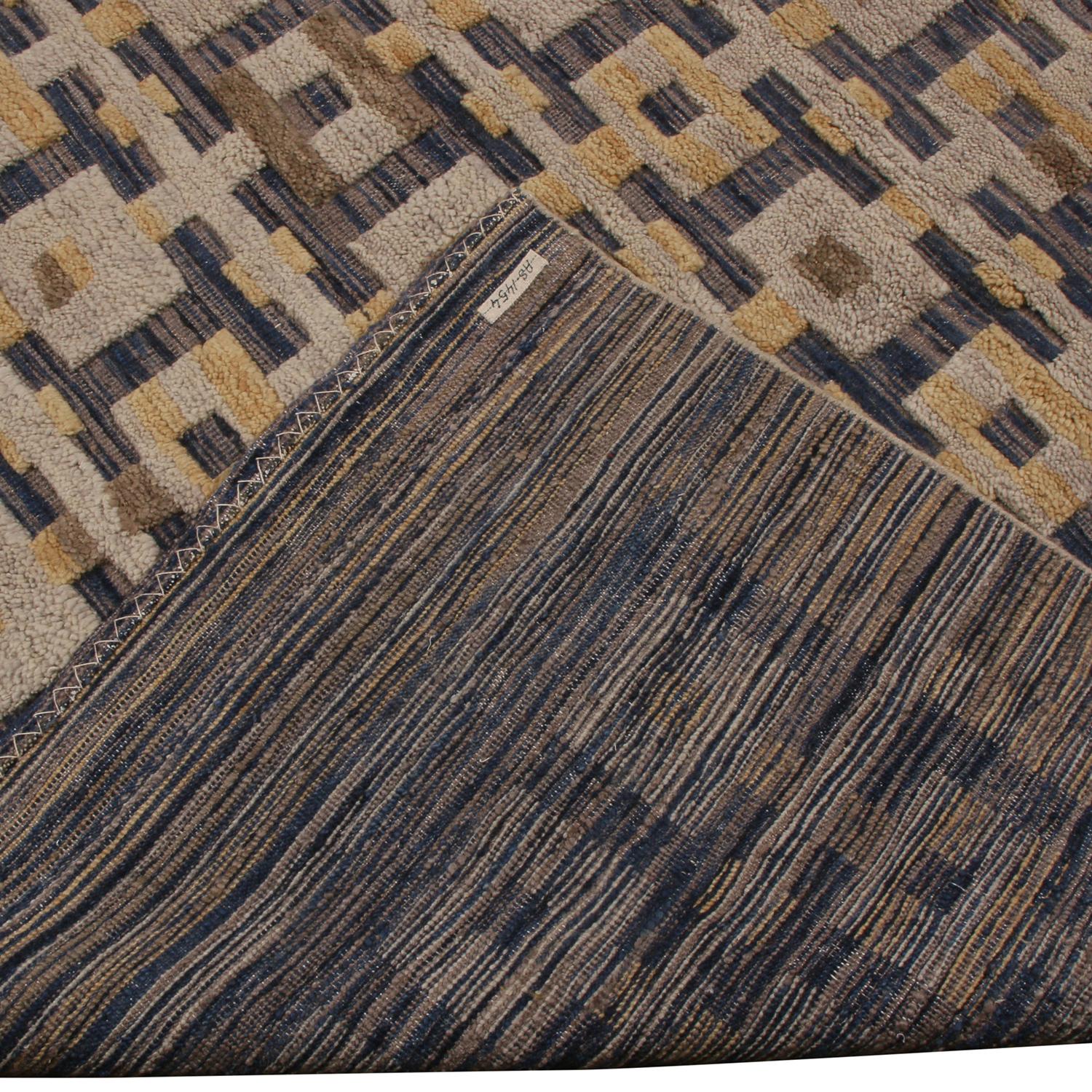 Indian Rug & Kilim’s Scandinavian Inspired Gold Gray and Blue Wool Rug