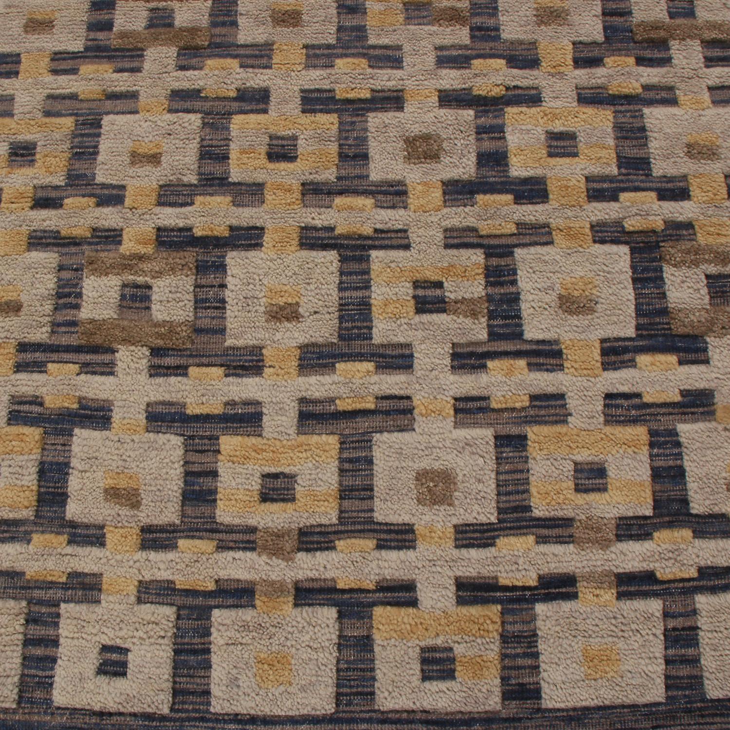 Scandinavian Modern Rug & Kilim’s Scandinavian Inspired Gold Gray and Blue Wool Rug
