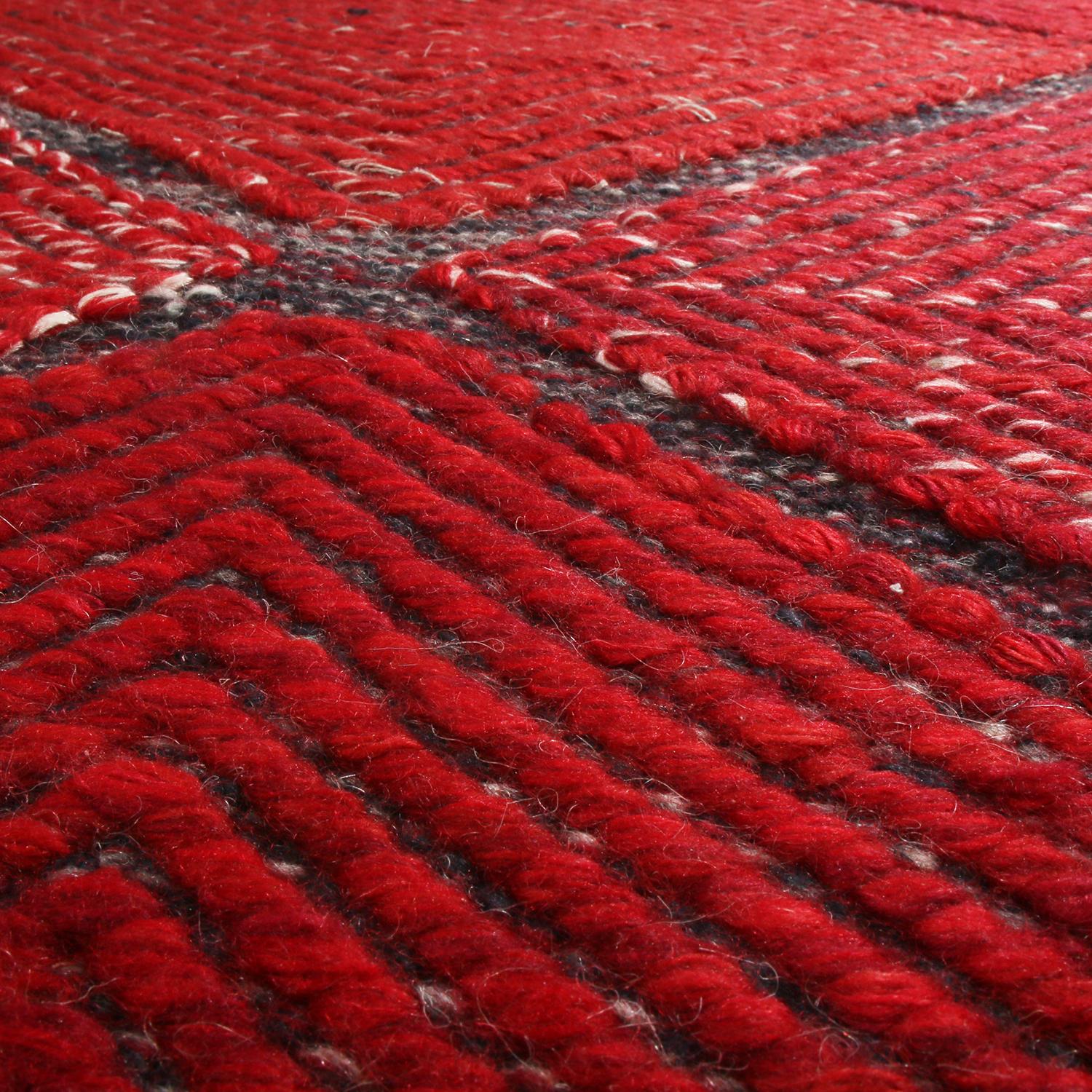 Indian Rug & Kilim’s Scandinavian Inspired Moroccan-Style Red & Black Polyester Rug For Sale