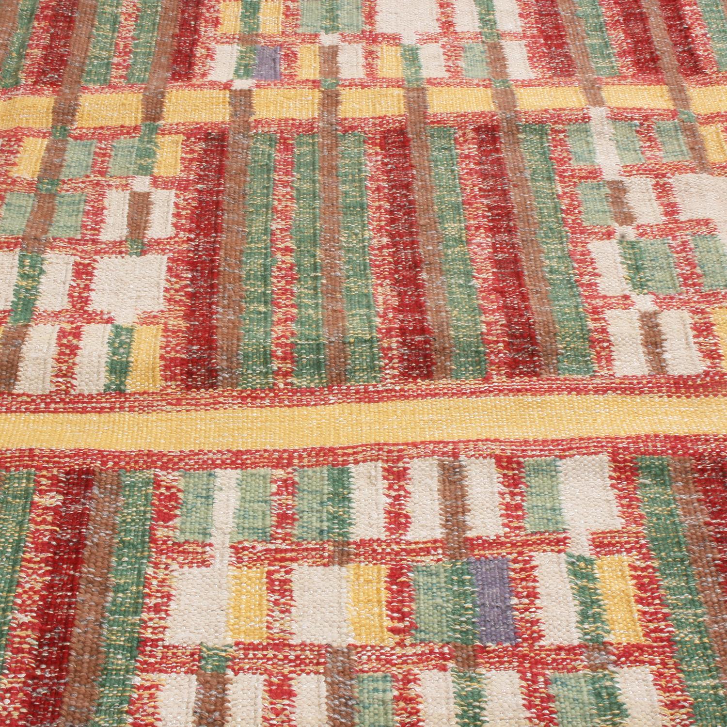 Indian Rug & Kilim's Scandinavian Inspired Red and Green Wool Rug with Natural Yarn For Sale