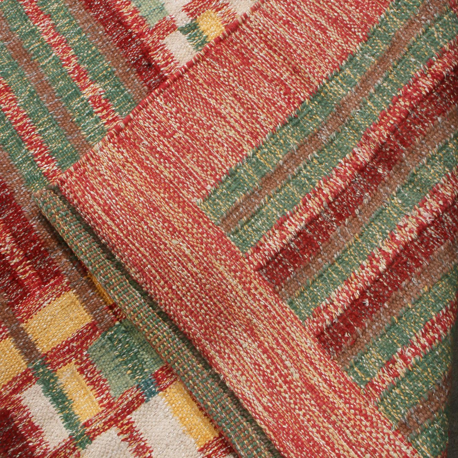Hand-Knotted Rug & Kilim's Scandinavian Inspired Red and Green Wool Rug with Natural Yarn For Sale