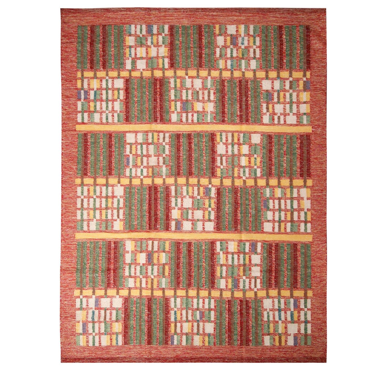 Rug & Kilim's Scandinavian Inspired Red and Green Wool Rug with Natural Yarn For Sale