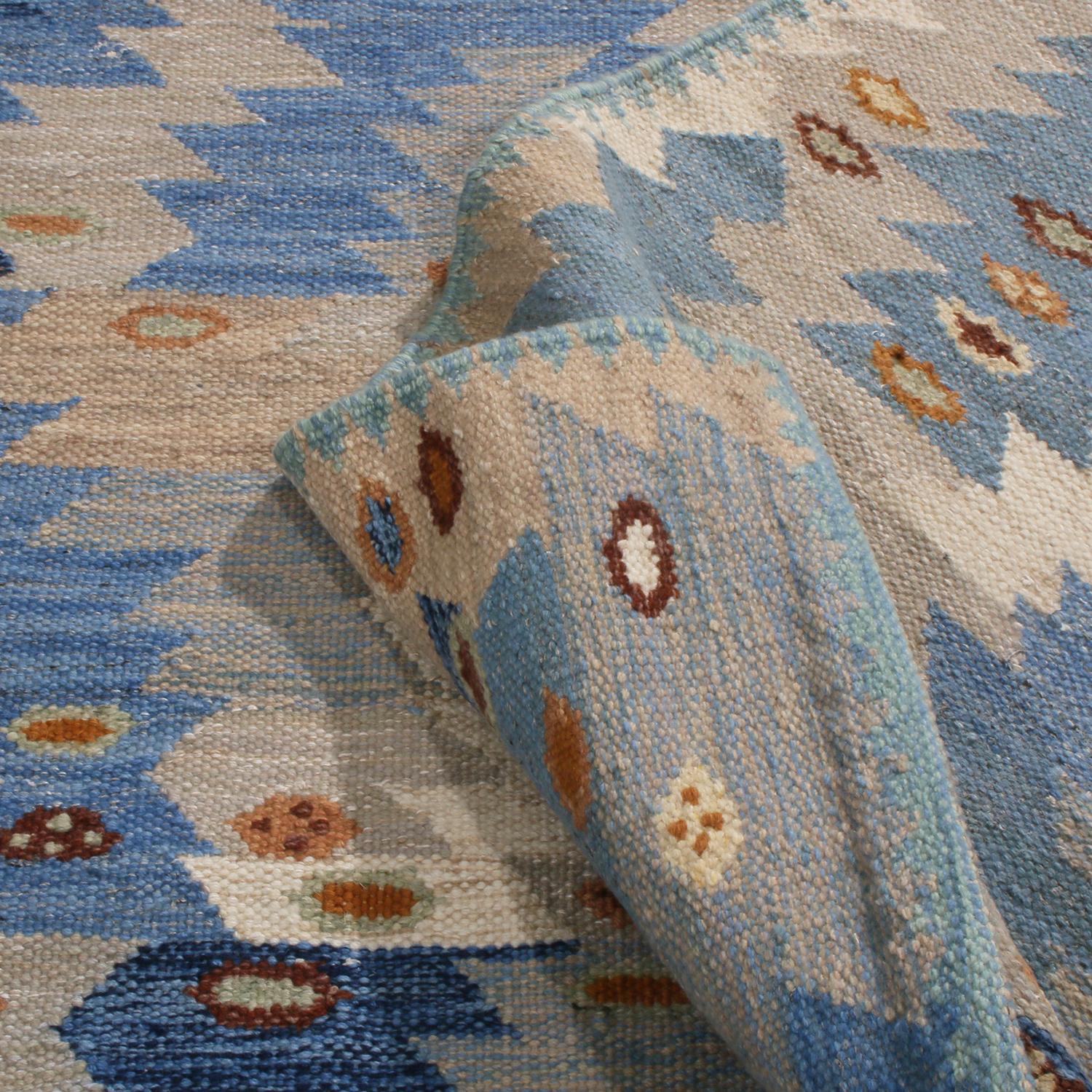 Hand-Knotted Rug & Kilim’s Scandinavian-Inspired Tribal Brown and Blue Wool Pile Rug