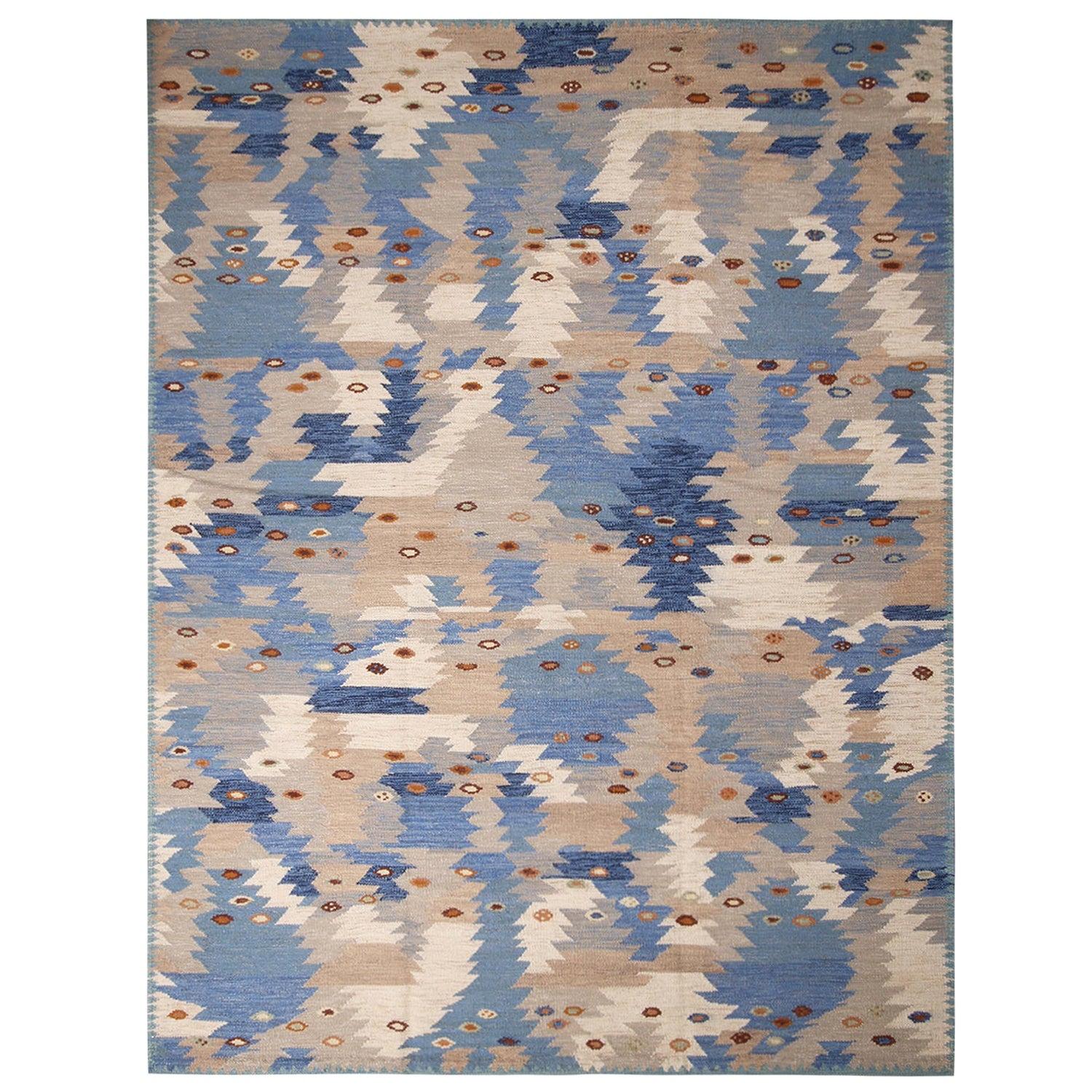 Teppich & Kilims skandinavisch inspirierter Stammes-Teppich aus brauner und blauer Wollflor
