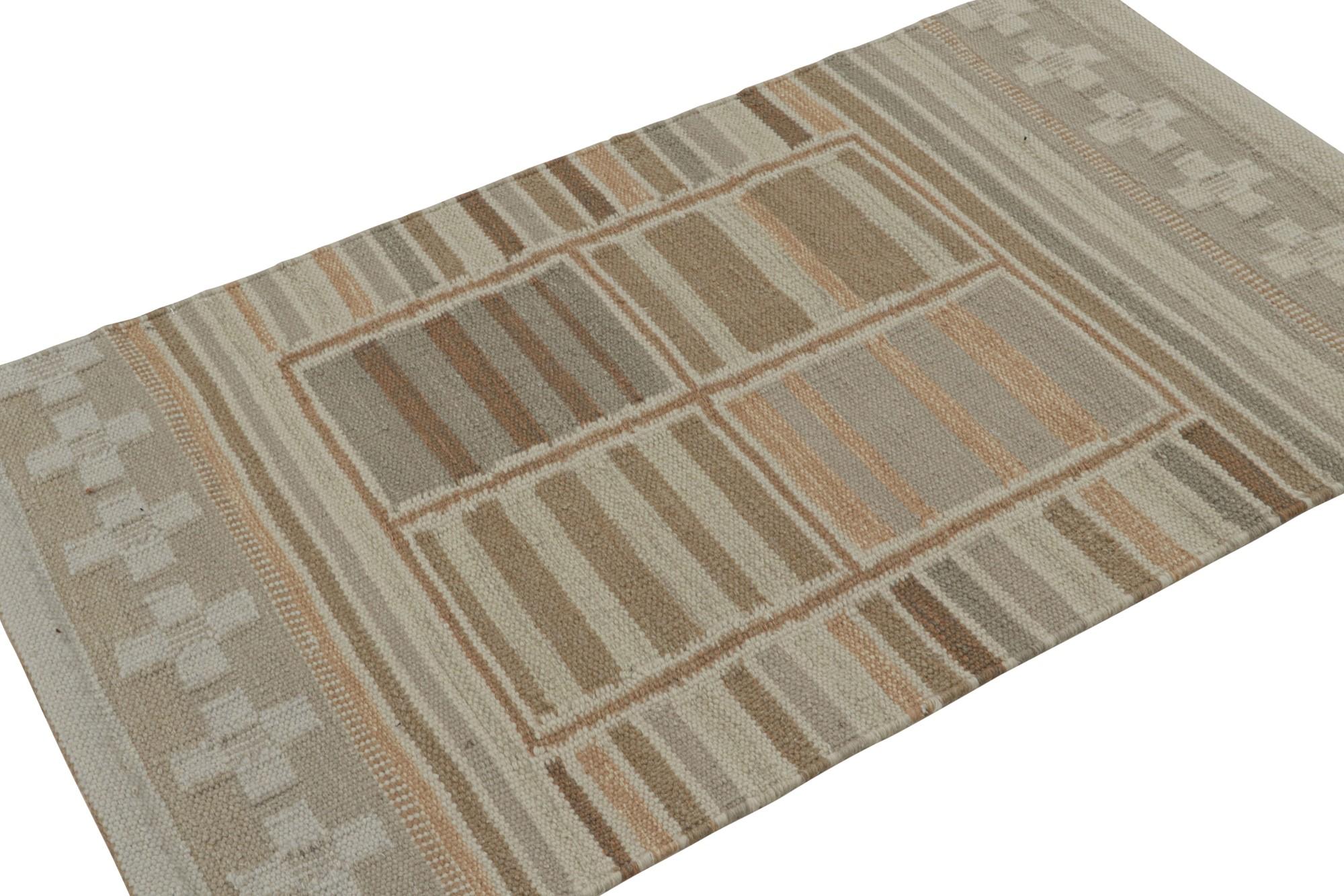 Hand-knotted in wool and natural yarns, this 3x5 Scandinavian kilim and scatter rug features geometric patterns in gray and blue, and is an exciting new addition to the Rug & Kilim collection. 
 
On the Design: 

This kilim enjoys geometric patterns