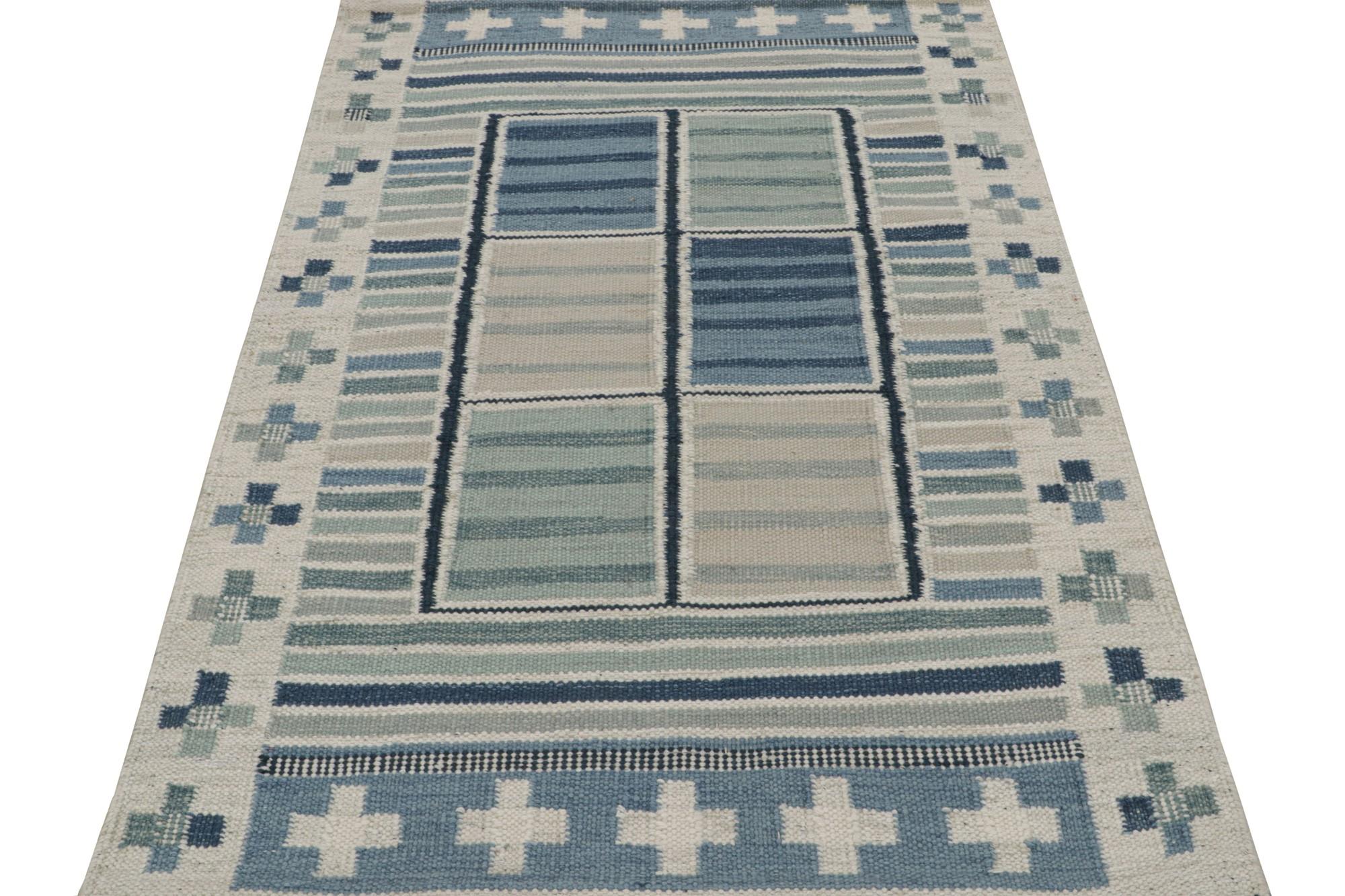 Modern Rug & Kilim’s Scandinavian Kilim and Scatter Rug with Patterns in Cool Blue Tone For Sale