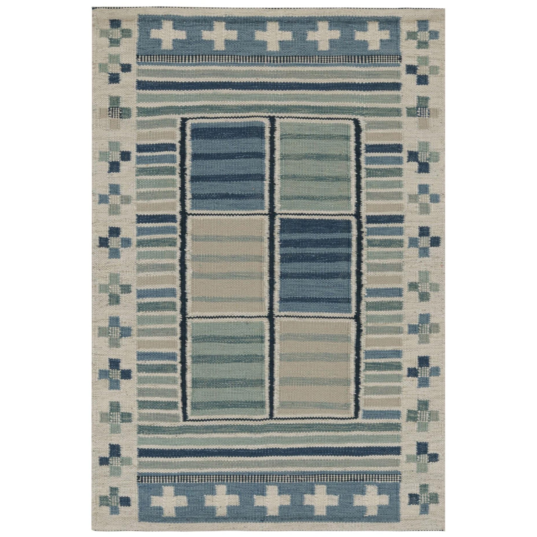 Rug & Kilim è un tappeto scandinavo a motivi sparsi con motivi in tonalità blu freddo.