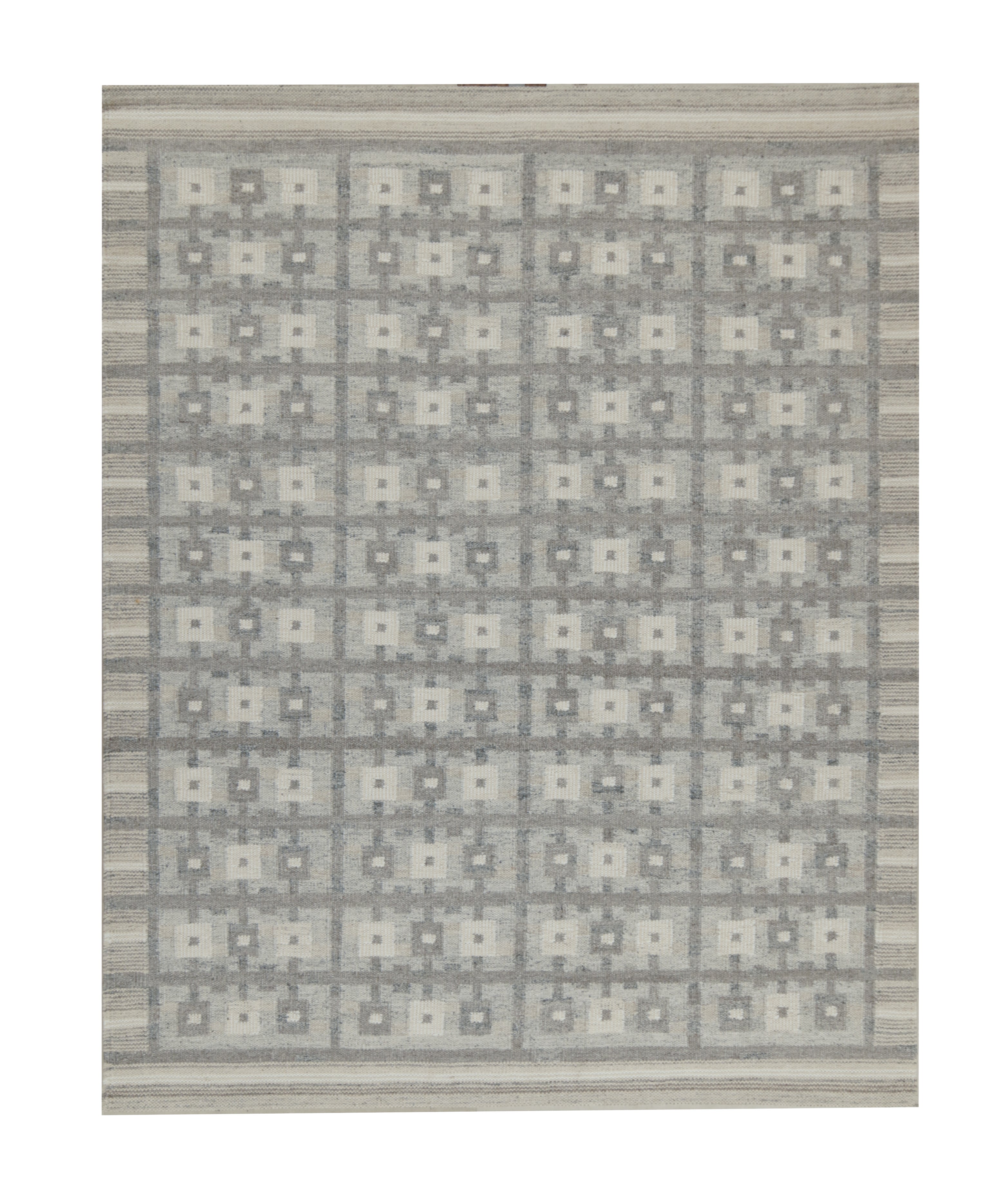 Skandinavischer Kilim-Teppich von Rug & Kilim in Beige-Grau und Weiß mit geometrischem Muster im Angebot