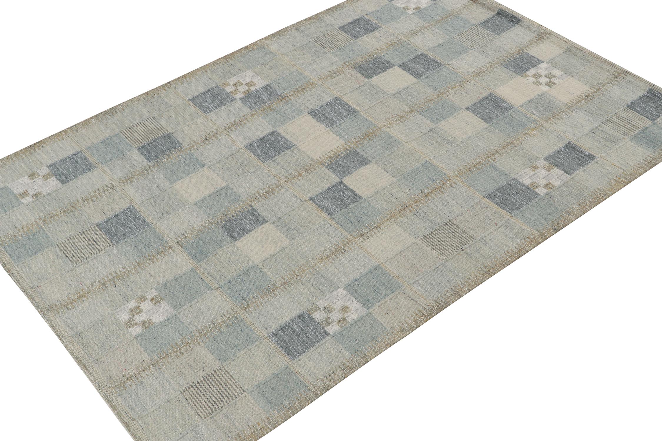 A smart 6x9 Swedish style kilim from our award-winning Scandinavian flat weave collection. Handwoven in wool. 
Further On the Design: 
This rug enjoys geometric patterns in blue, white and gray with the most complementary, natural presence