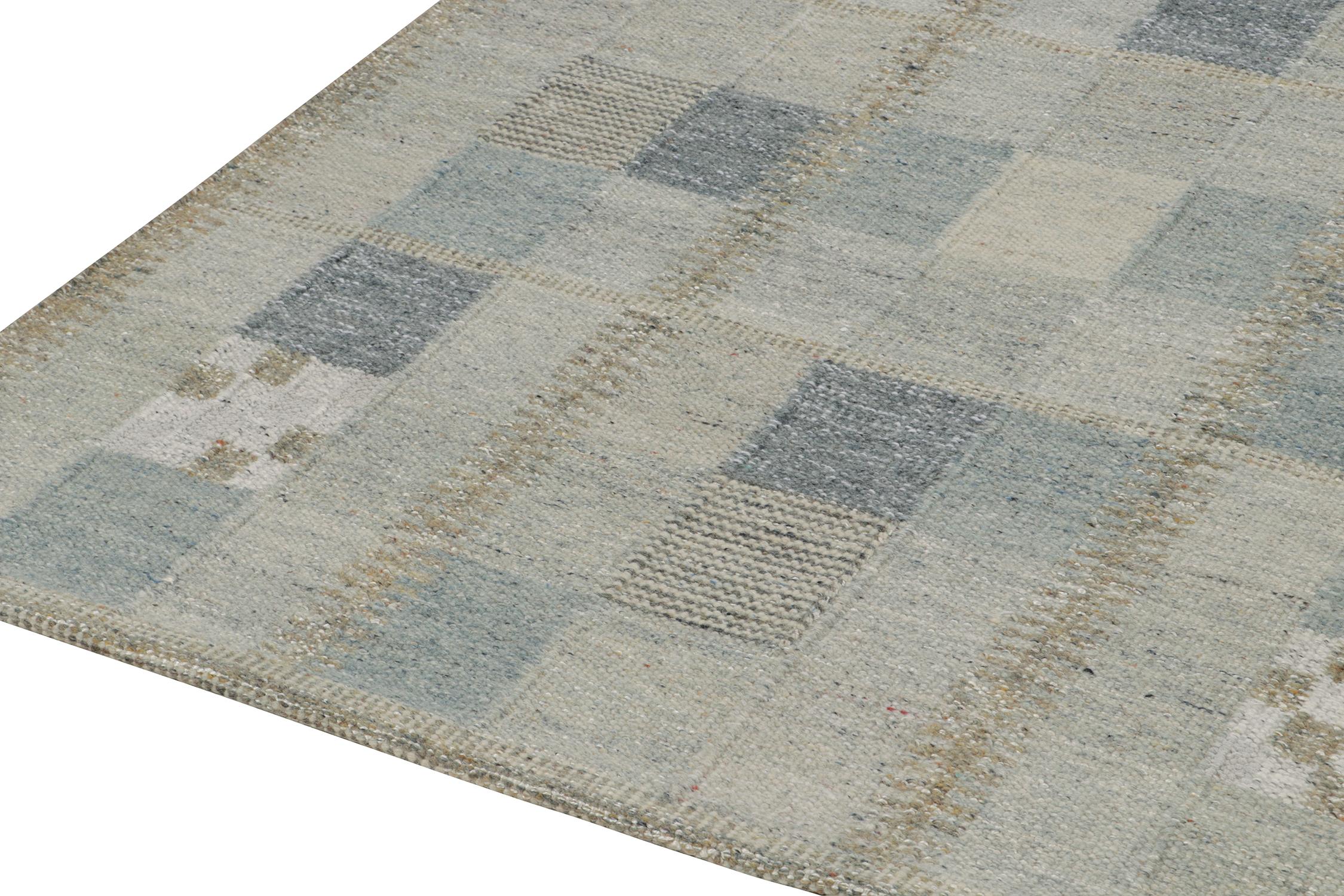 Hand-Knotted Rug & Kilim’s Scandinavian Kilim Rug in Blue and Grey Geometric Pattern For Sale