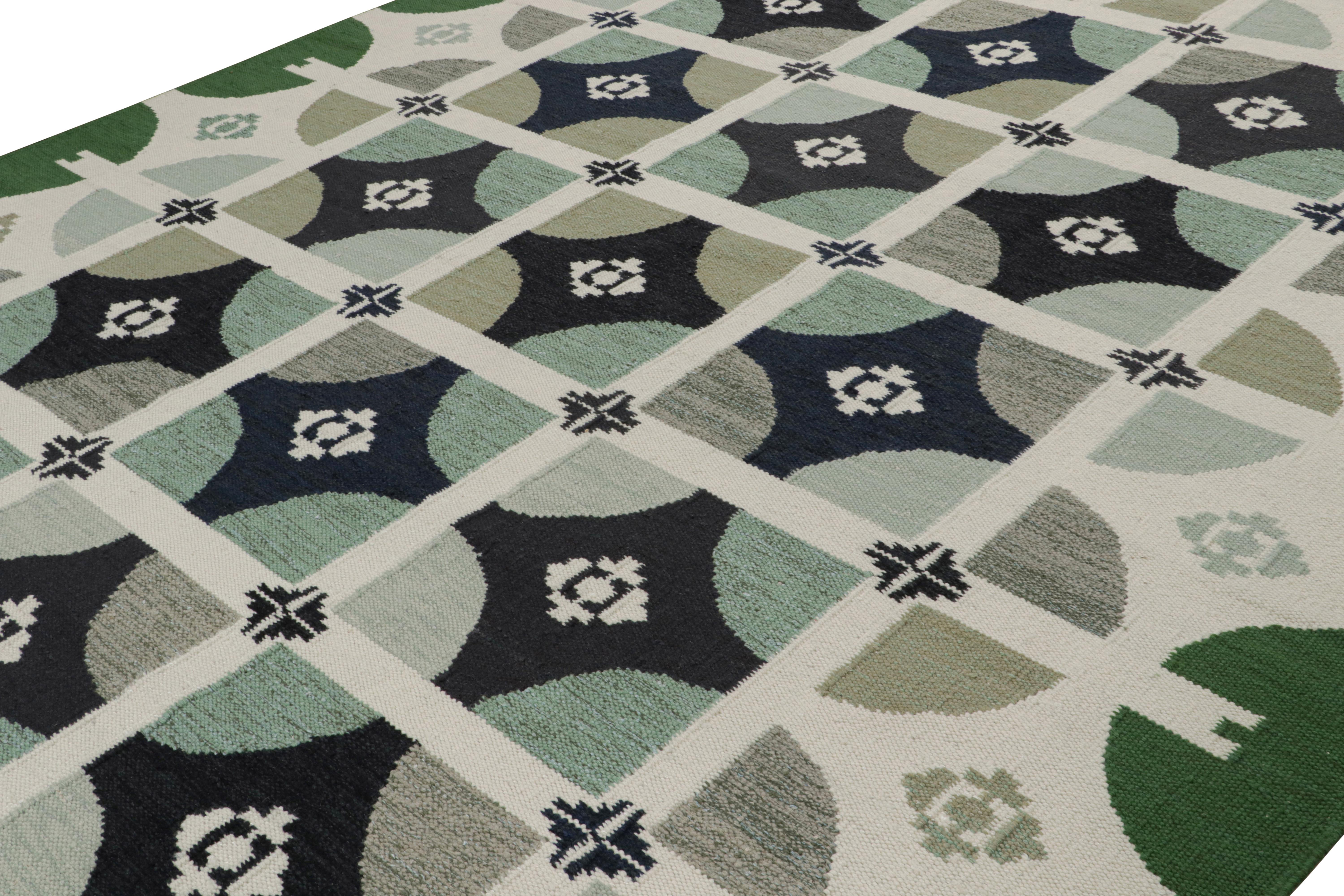 Indian Rug & Kilim’s Scandinavian Style Rug in Green with Geometric Patterns For Sale