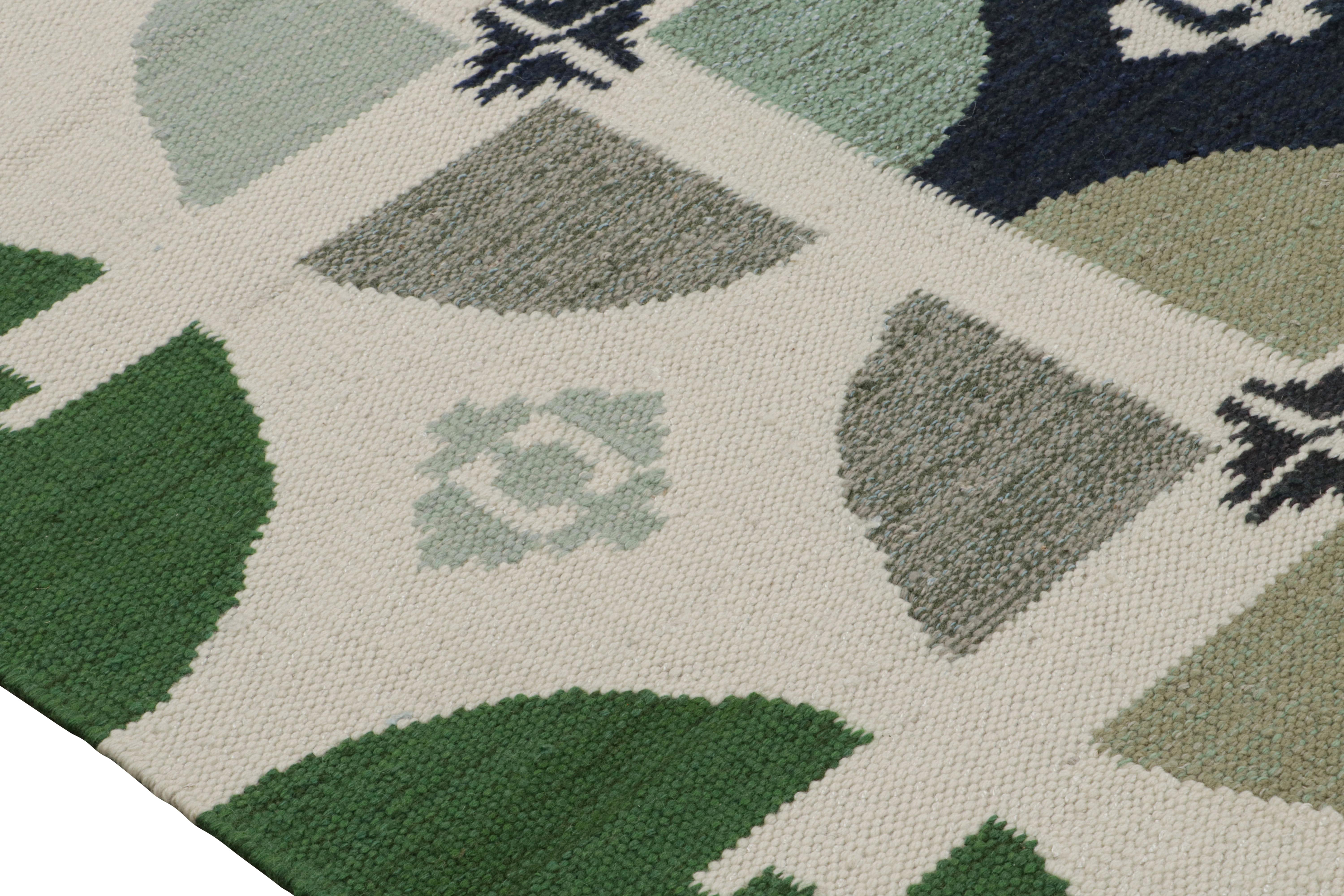 Hand-Knotted Rug & Kilim’s Scandinavian Style Rug in Green with Geometric Patterns For Sale