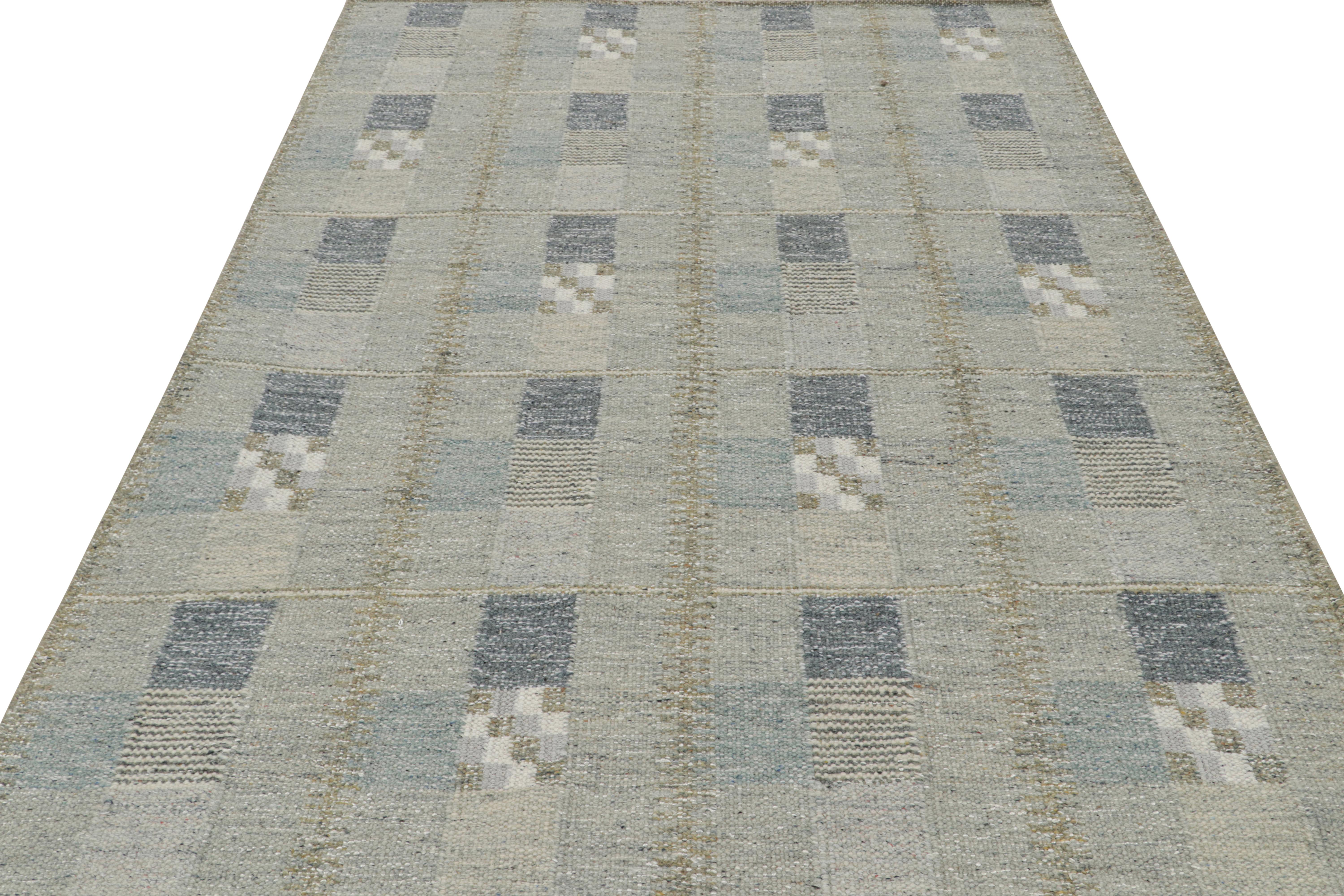 Modern Rug & Kilim’s Scandinavian Kilim Rug with Gray and Blue Geometric Patterns For Sale