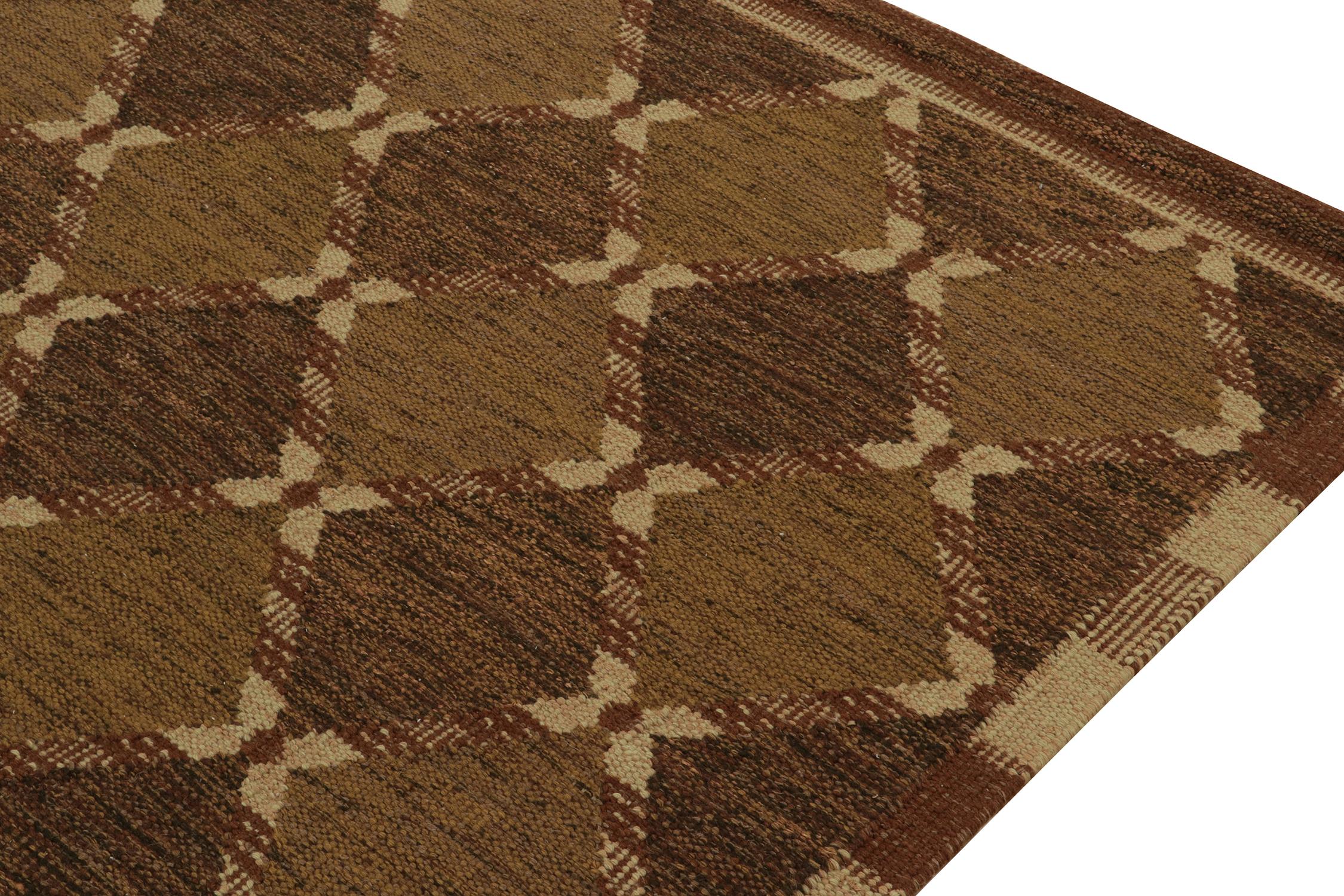 Hand-Knotted Rug & Kilim’s Scandinavian Kilim Style Custom in Beige and Brown Trellis Pattern For Sale