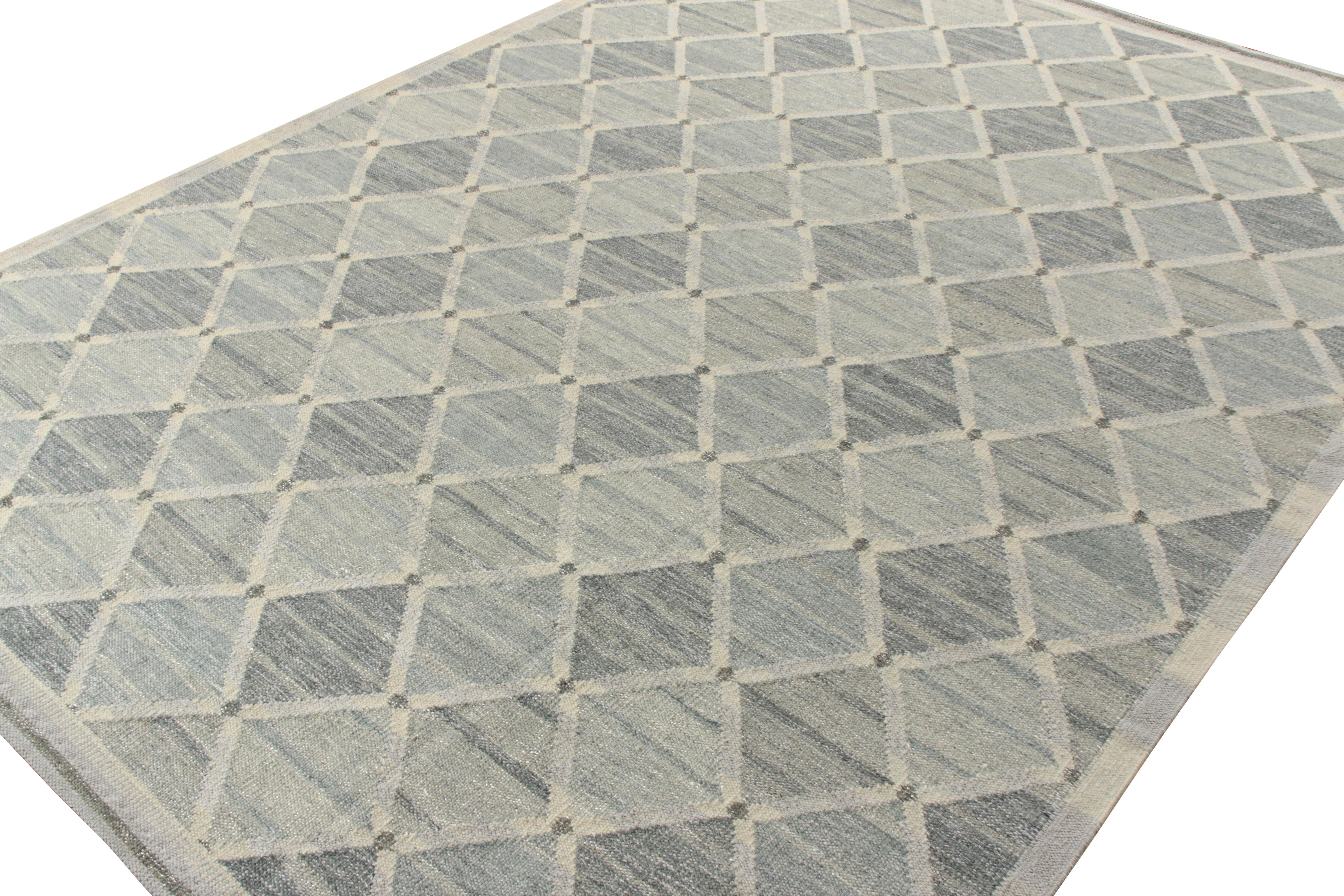 Modern Rug & Kilim’s Scandinavian Kilim Style Custom Rug, Gray and Blue Trellis Pattern For Sale