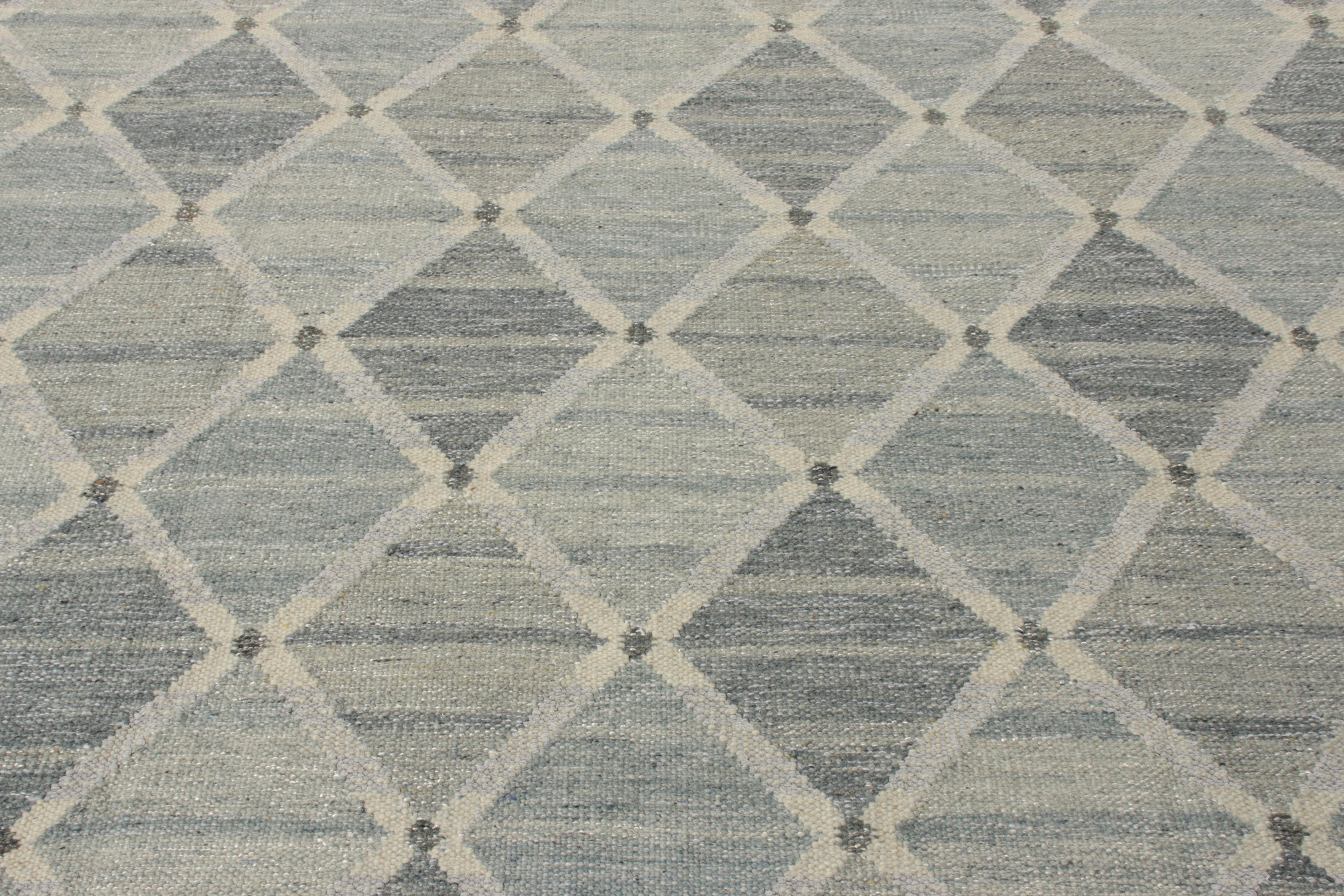 Indian Rug & Kilim’s Scandinavian Kilim Style Custom Rug, Gray and Blue Trellis Pattern For Sale