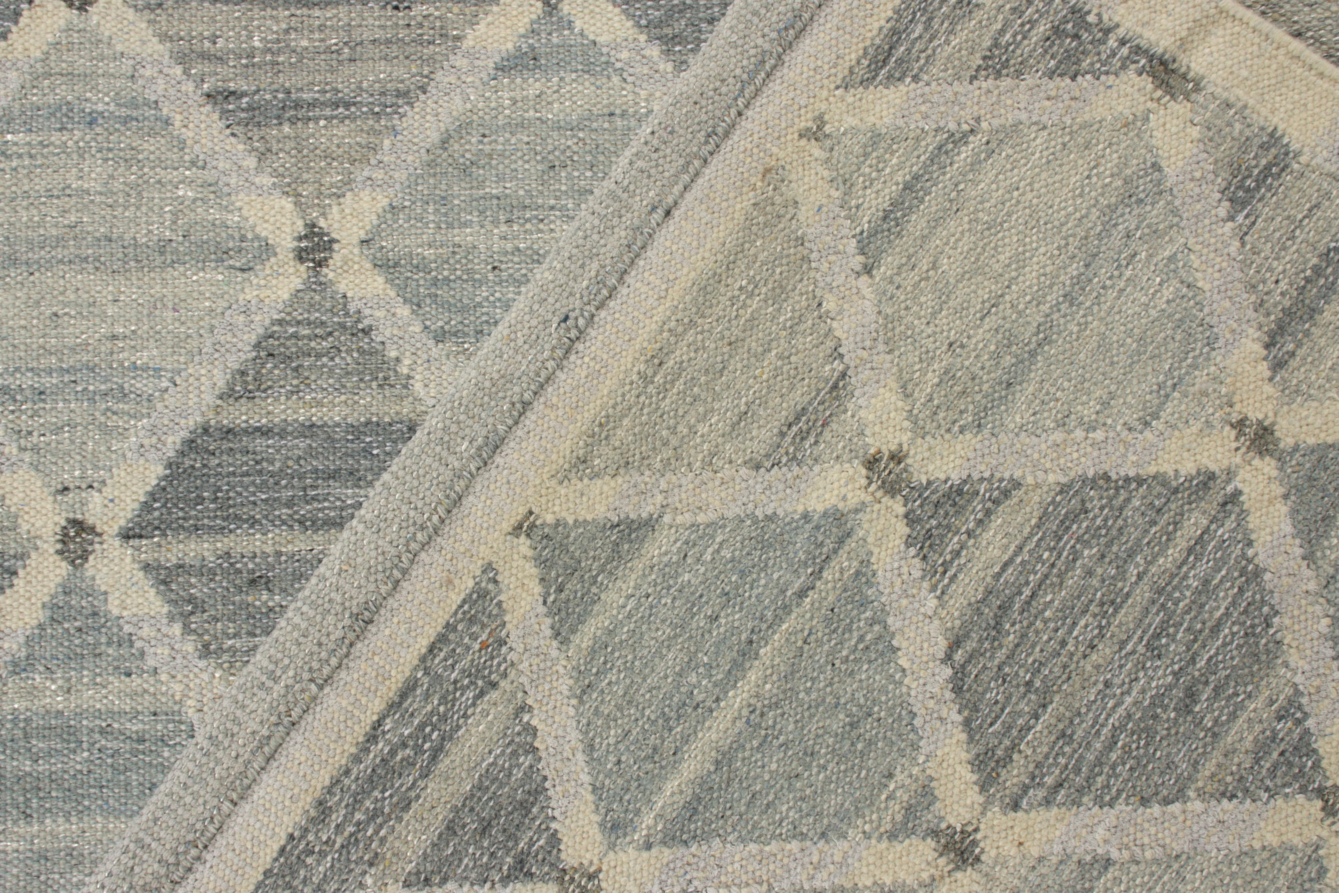 Hand-Knotted Rug & Kilim’s Scandinavian Kilim Style Custom Rug, Gray and Blue Trellis Pattern For Sale