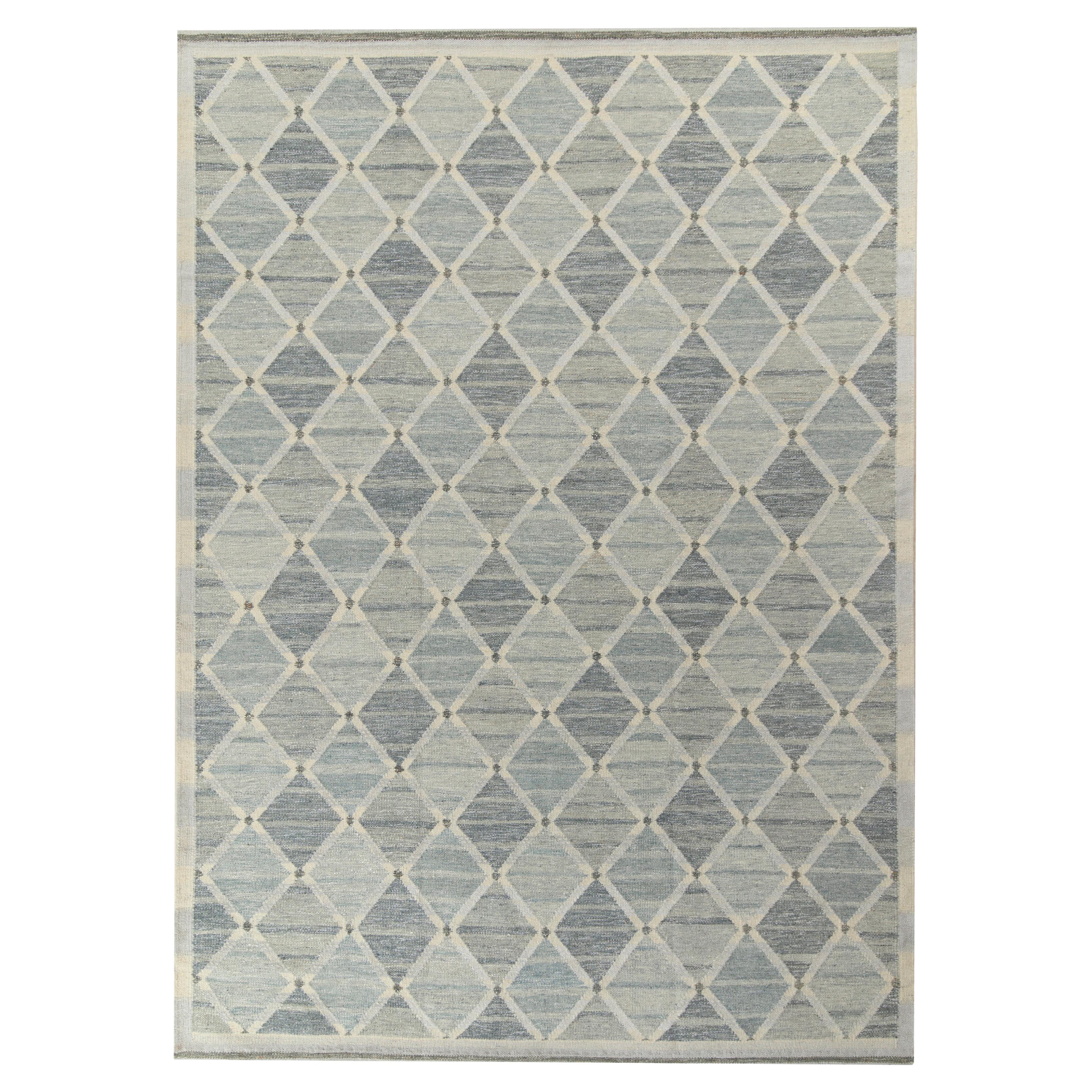 Rug & Kilim's Scandinavian Kilim Style Custom Rug, Gray and Blue Trellis Pattern