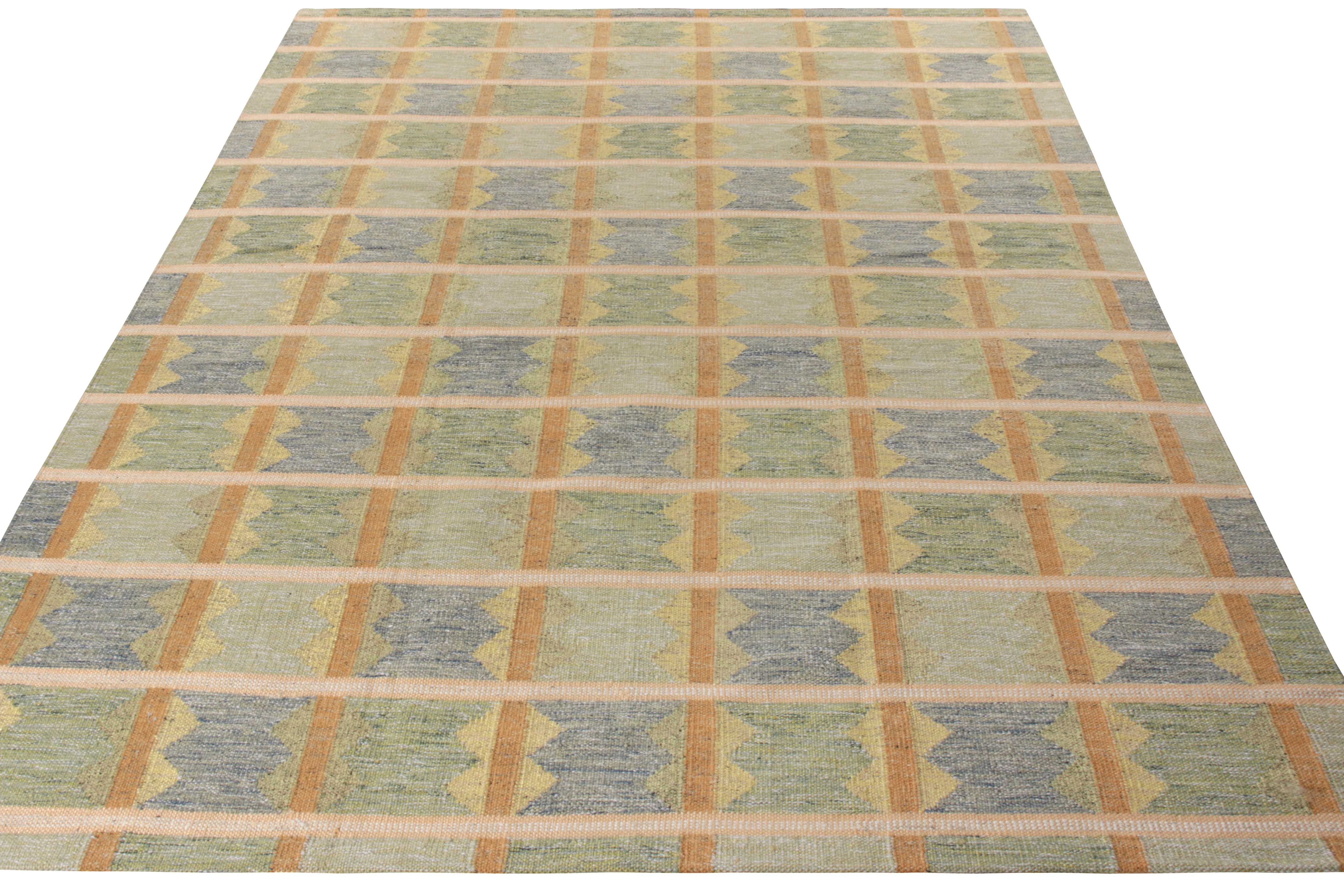 Carrying the intrinsic strength and buckle resistant traits of Rug & Kilim’s coveted Scandinavian Cllection, this 9x12 custom kilim reflects fine craftsmanship in a modern frame. Exhibiting fine mid-century Swedish sensibilities, the flatweave