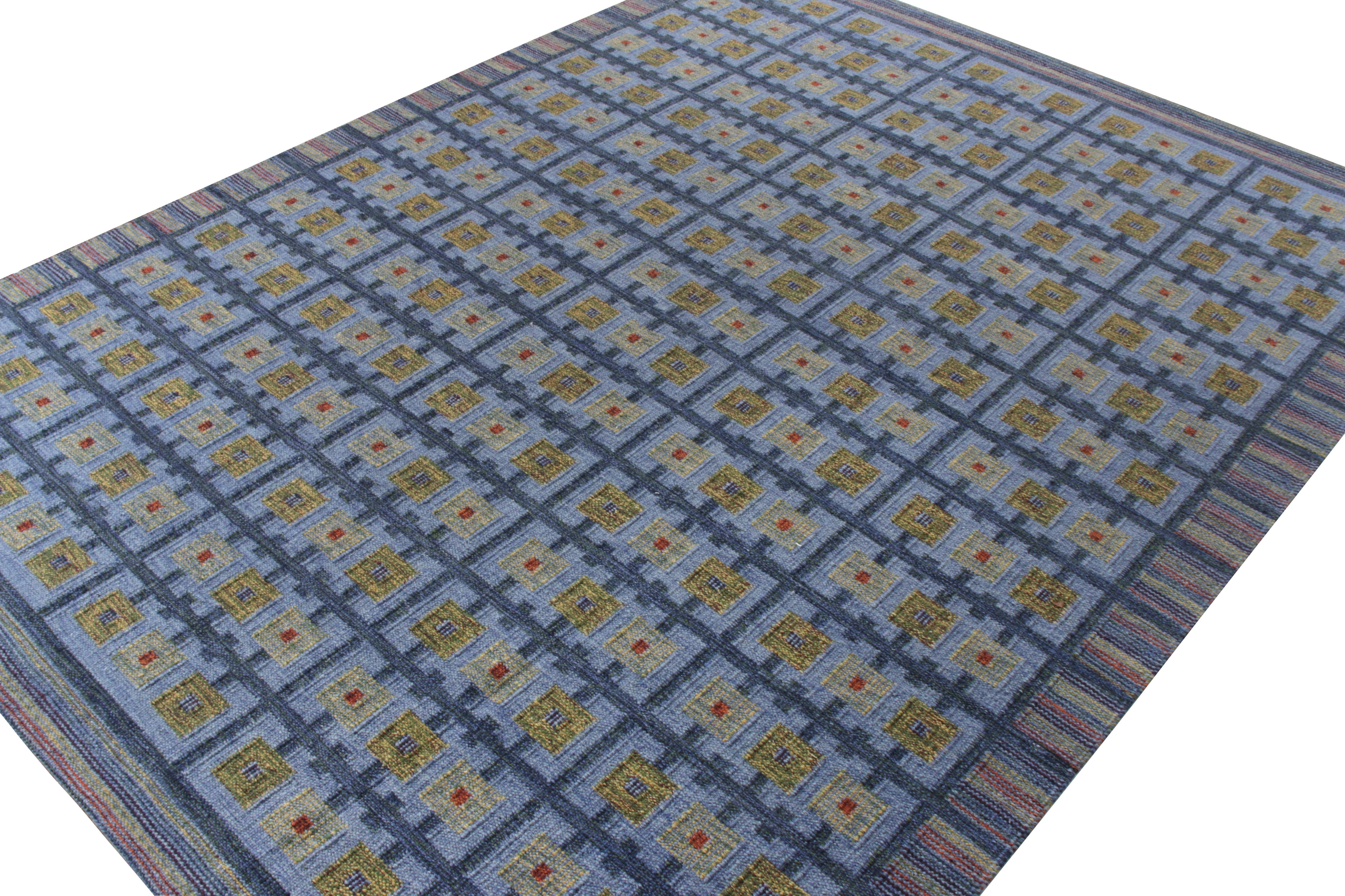 Modern Rug & Kilim’s Scandinavian Kilim Style custom rug in Blue, geometric pattern For Sale