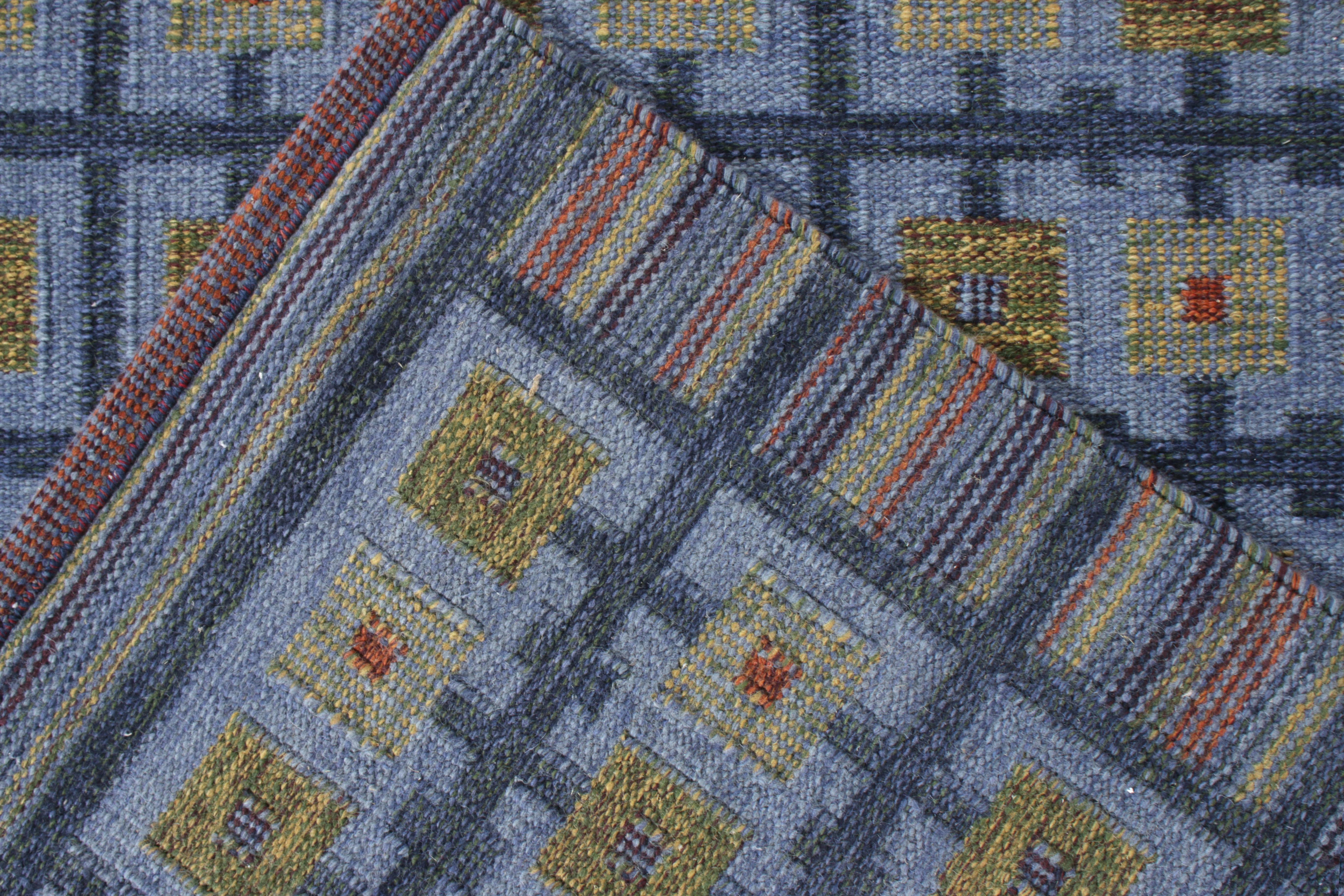 Hand-Knotted Rug & Kilim’s Scandinavian Kilim Style custom rug in Blue, geometric pattern For Sale
