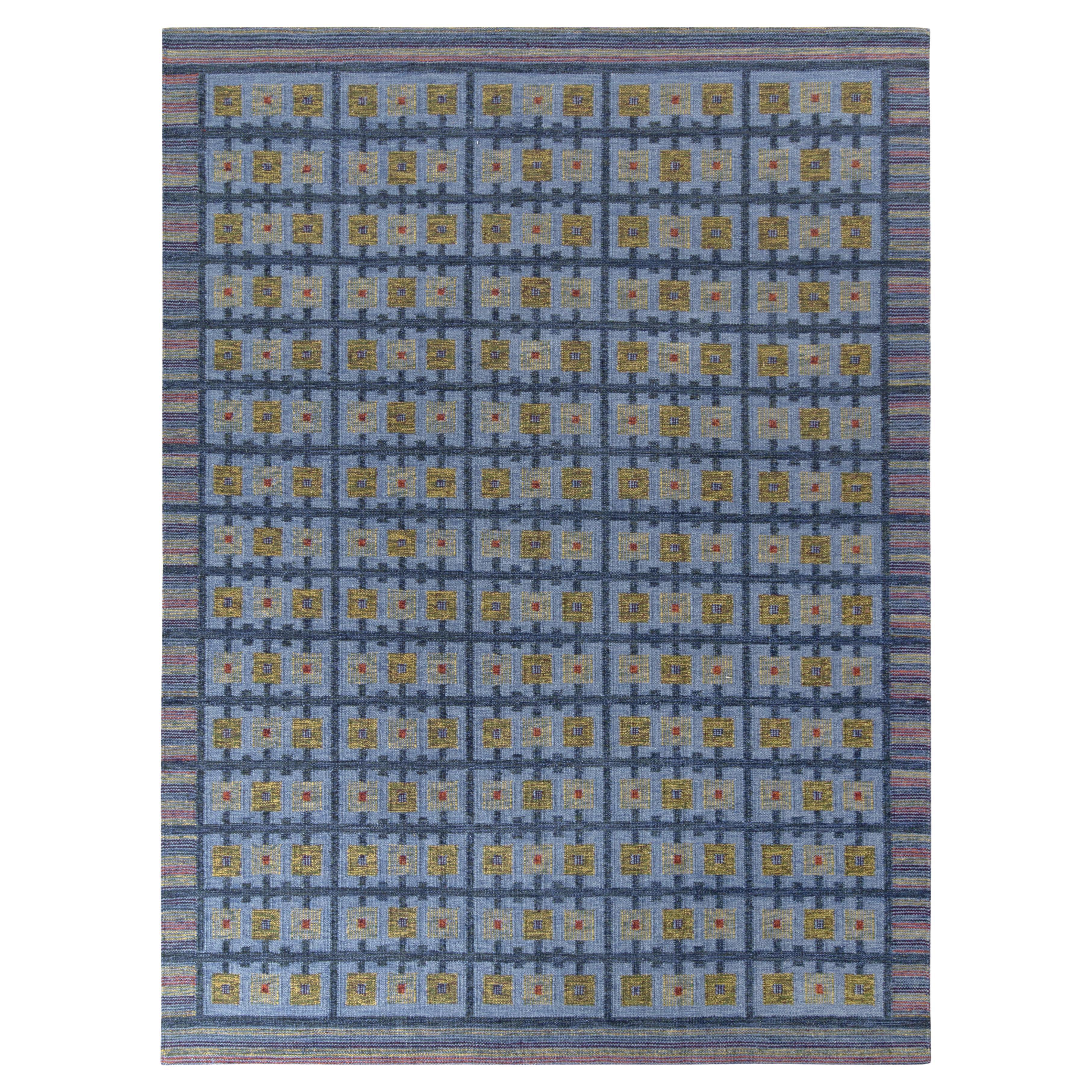 Rug & Kilim’s Scandinavian Kilim Style custom rug in Blue, geometric pattern For Sale