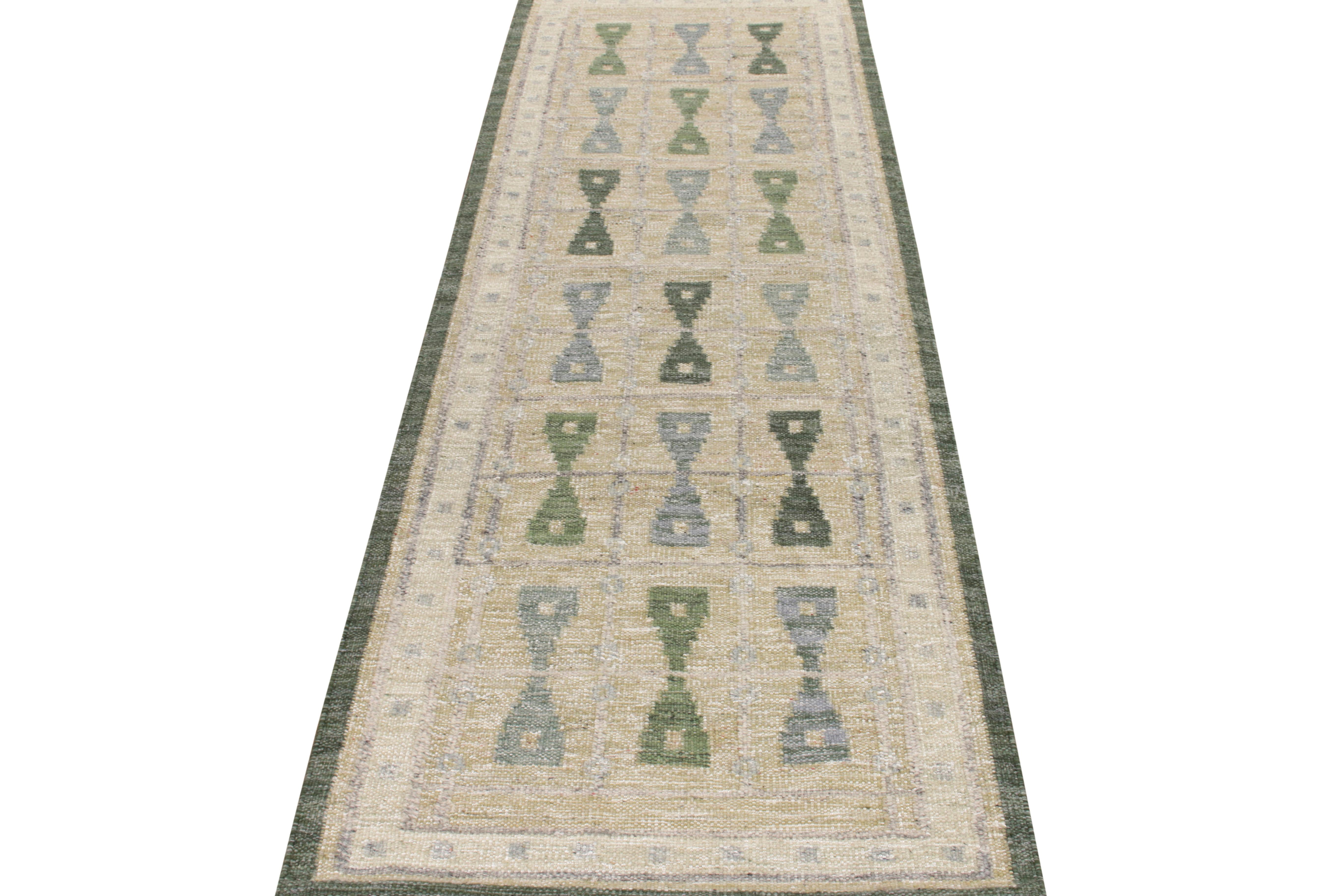 Inspiring Swedish sensibilities, this 2x9 custom graph enjoys a defined geometric pattern in gorgeous repetition, exemplified in neutral blue, green and silver-grey for lavish take in contemporary style. Further enjoying the hallmark durability of