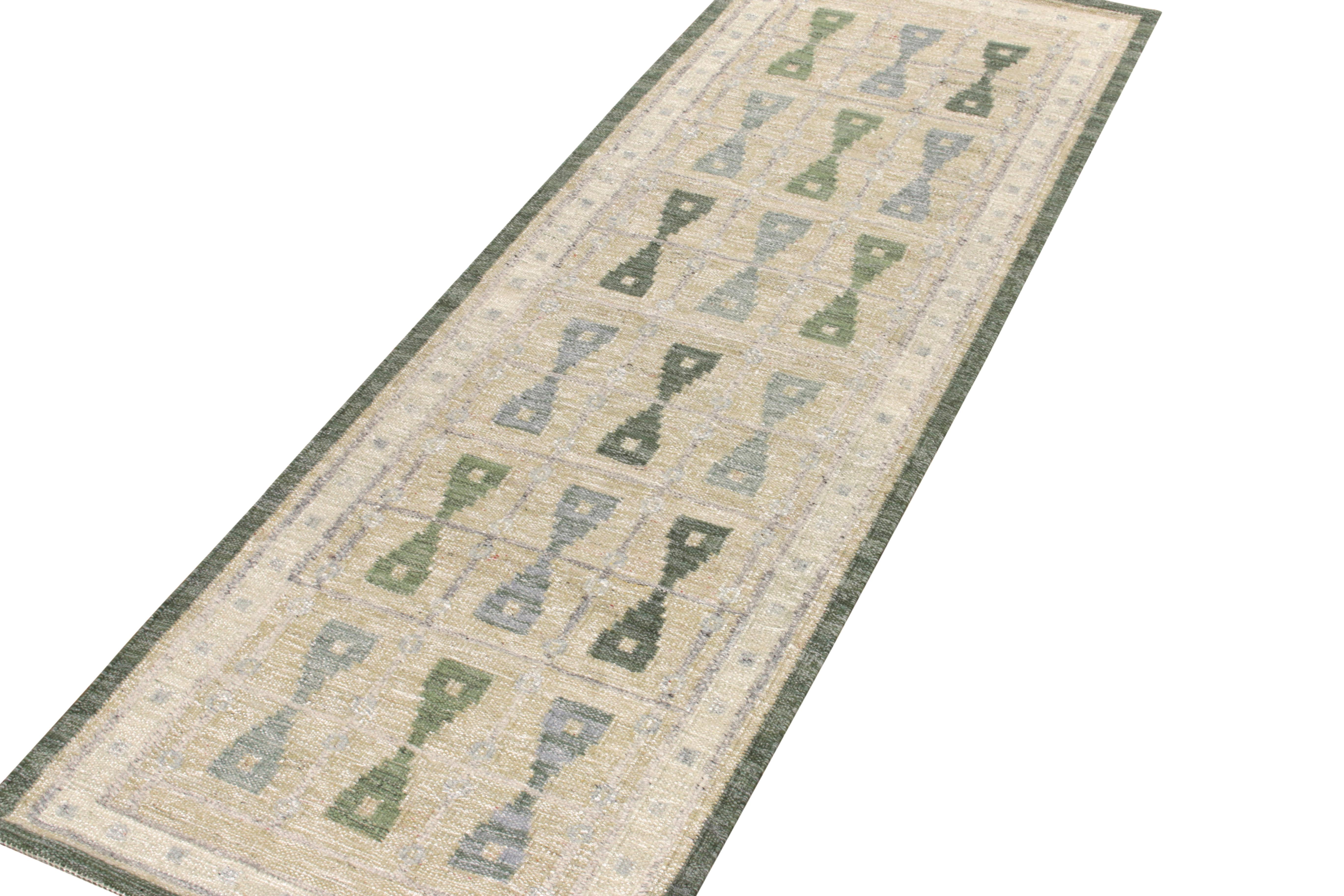 Modern Rug & Kilim's Scandinavian Kilim Style Custom Runner, Green, Blue Pattern For Sale