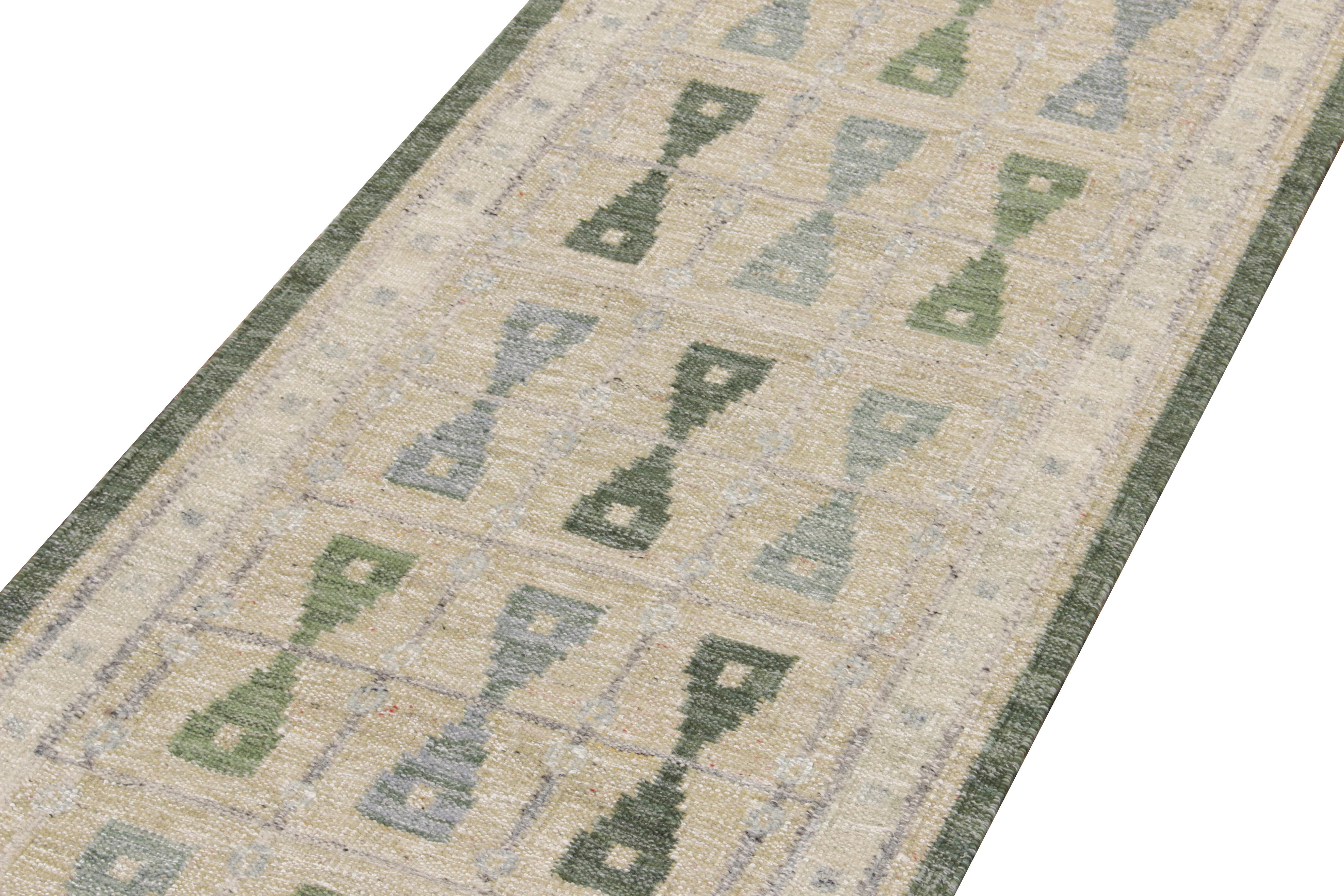 Indian Rug & Kilim's Scandinavian Kilim Style Custom Runner, Green, Blue Pattern For Sale