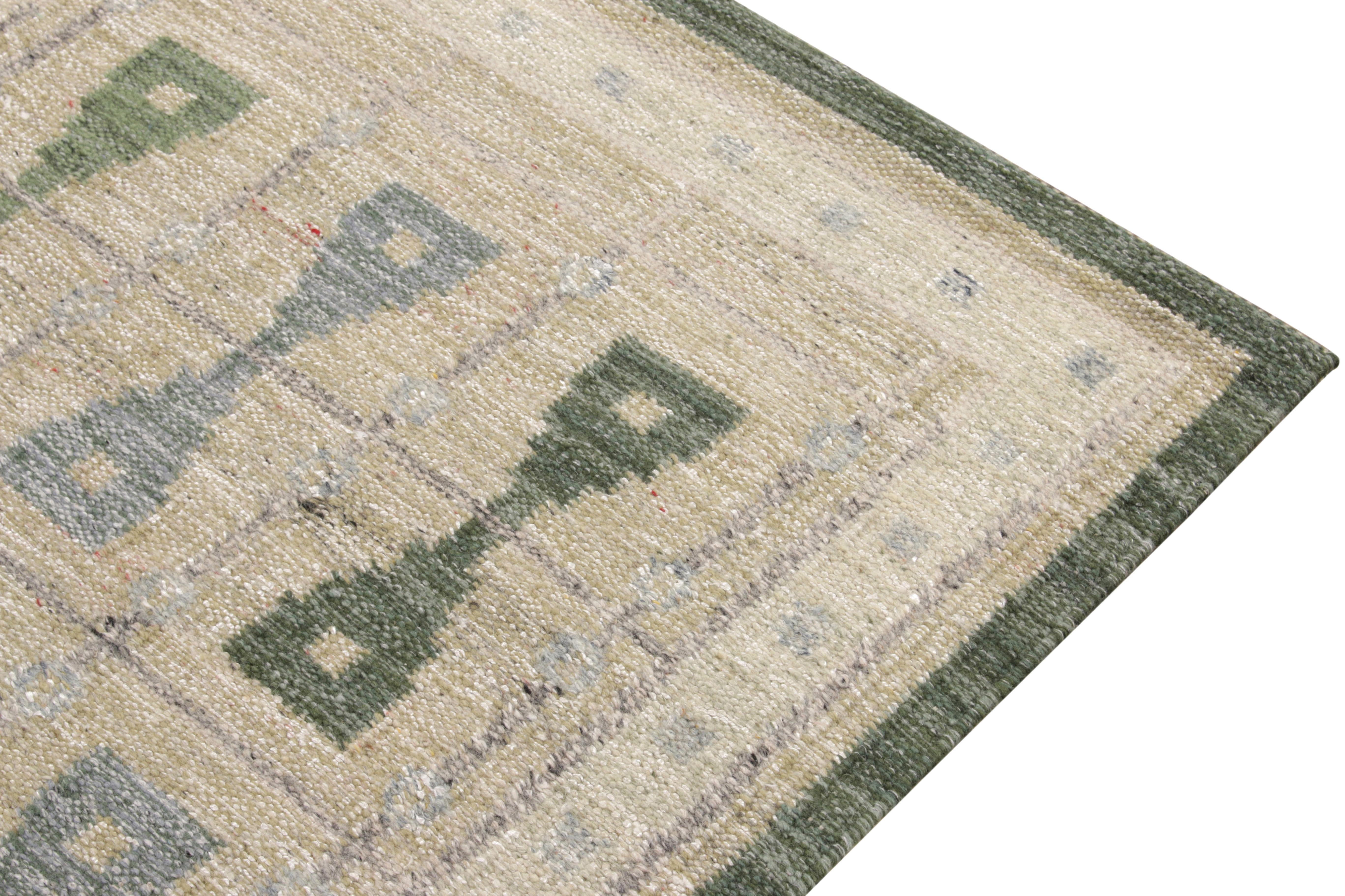Hand-Knotted Rug & Kilim's Scandinavian Kilim Style Custom Runner, Green, Blue Pattern For Sale