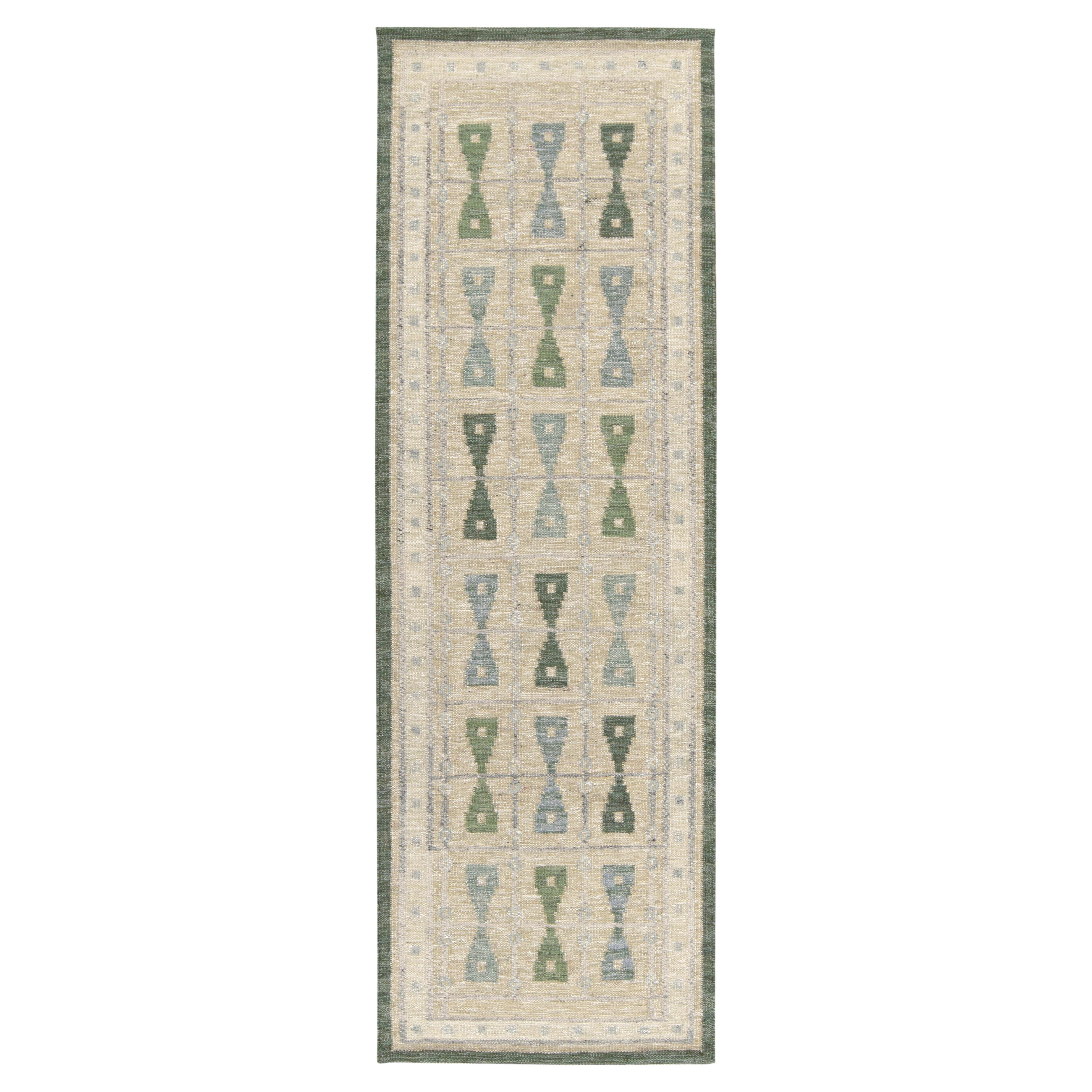 Rug & Kilim's Scandinavian Kilim Style Custom Runner, Green, Blue Pattern For Sale
