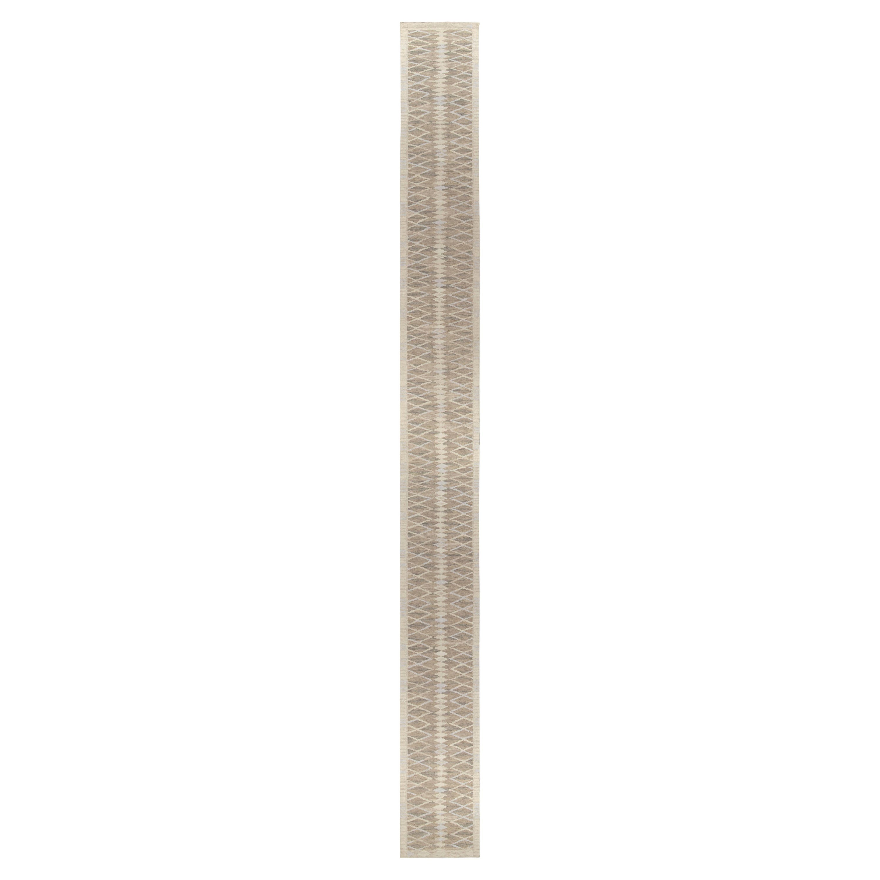Rug & Kilim’s Scandinavian Kilim Style Oversized Runner in Beige and White For Sale