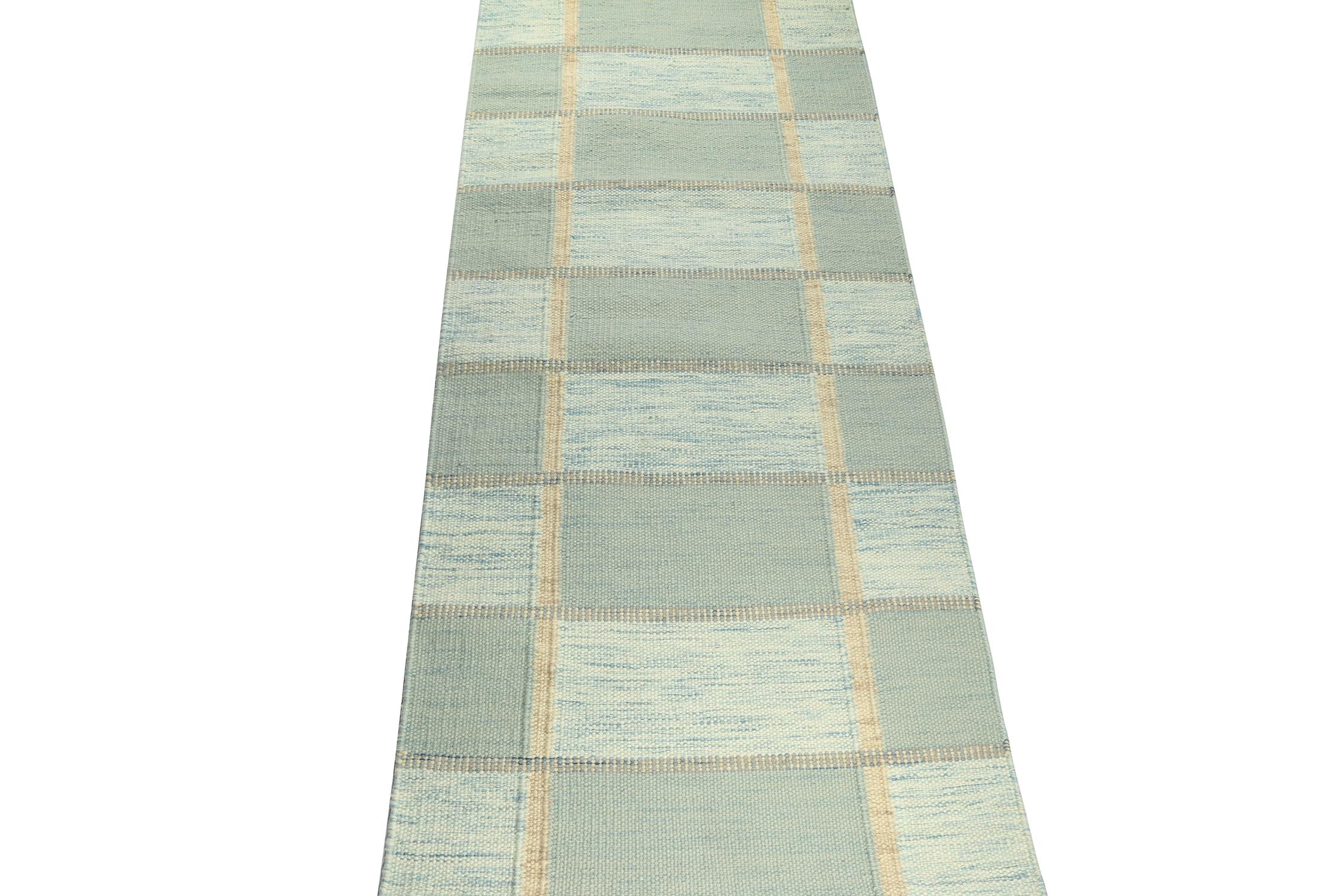 A smart 3x7 Swedish style kilim runner from our award-winning Scandinavian flat weave collection. Handwoven in wool. 
Further On the Design: 
This runner enjoys a simple presence with geometric patterns in seafoam blue & green with beige accents.