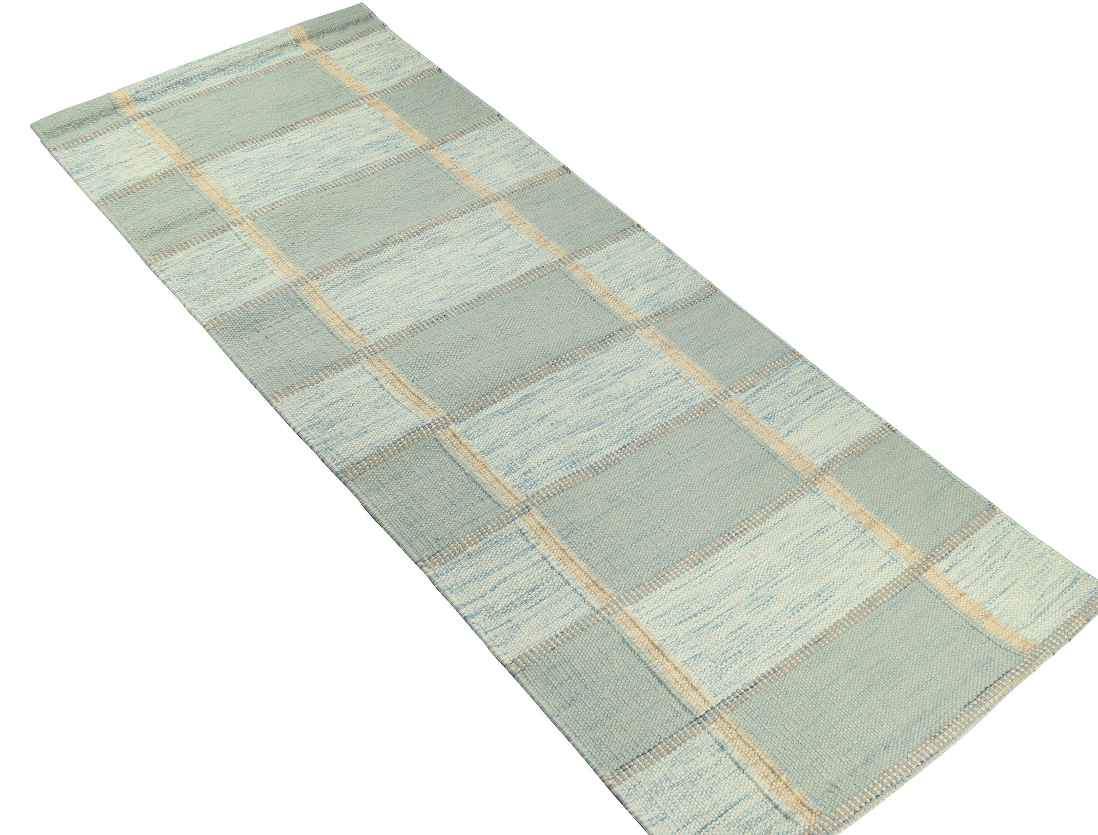 Scandinavian Modern Rug & Kilim’s Scandinavian Kilim Style Runner in Seafoam Geometric Pattern For Sale