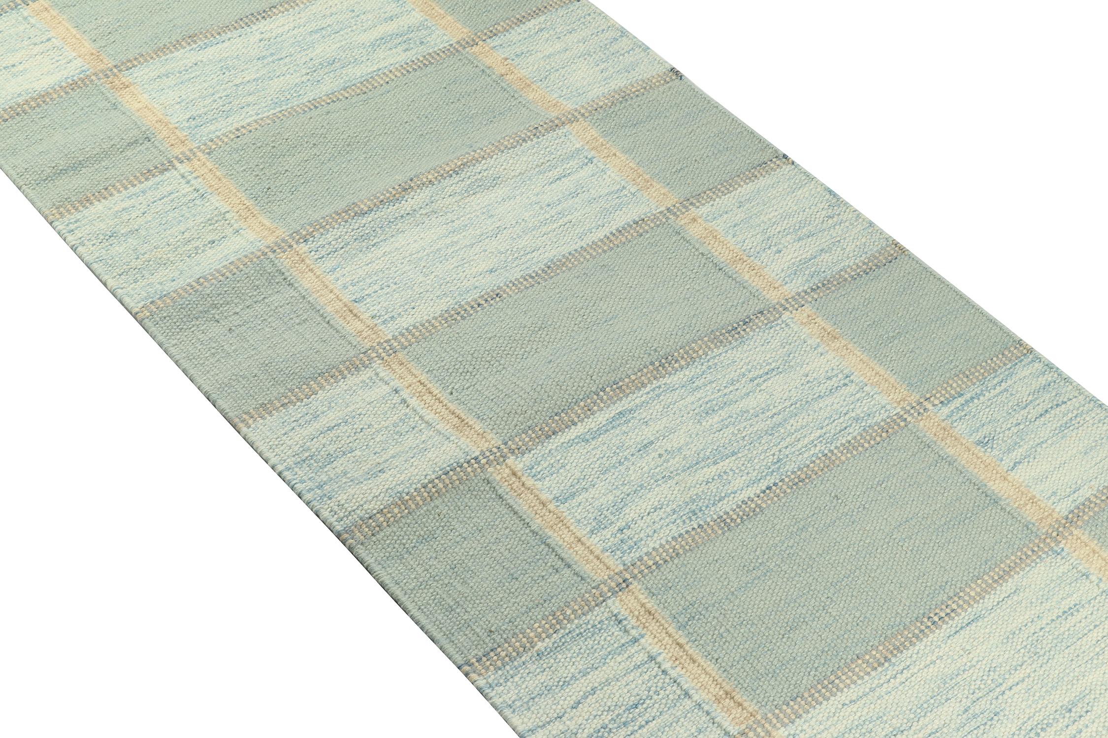 Indian Rug & Kilim’s Scandinavian Kilim Style Runner in Seafoam Geometric Pattern For Sale