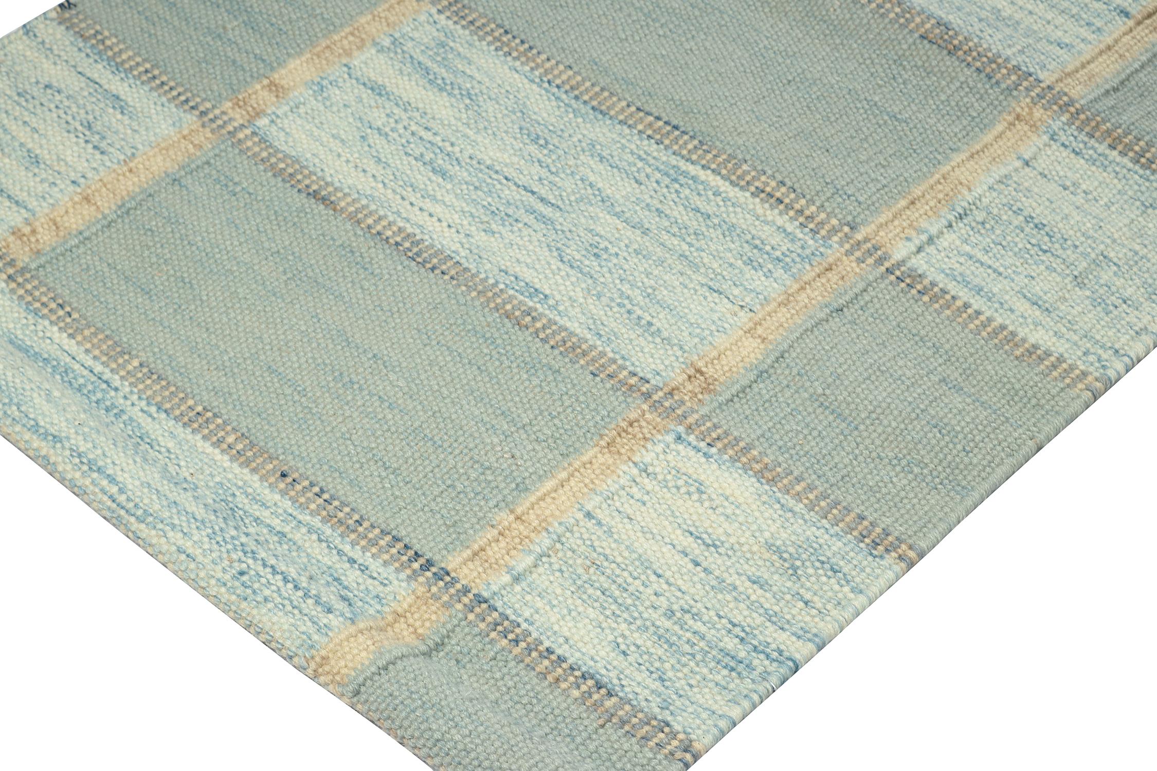 Hand-Knotted Rug & Kilim’s Scandinavian Kilim Style Runner in Seafoam Geometric Pattern For Sale