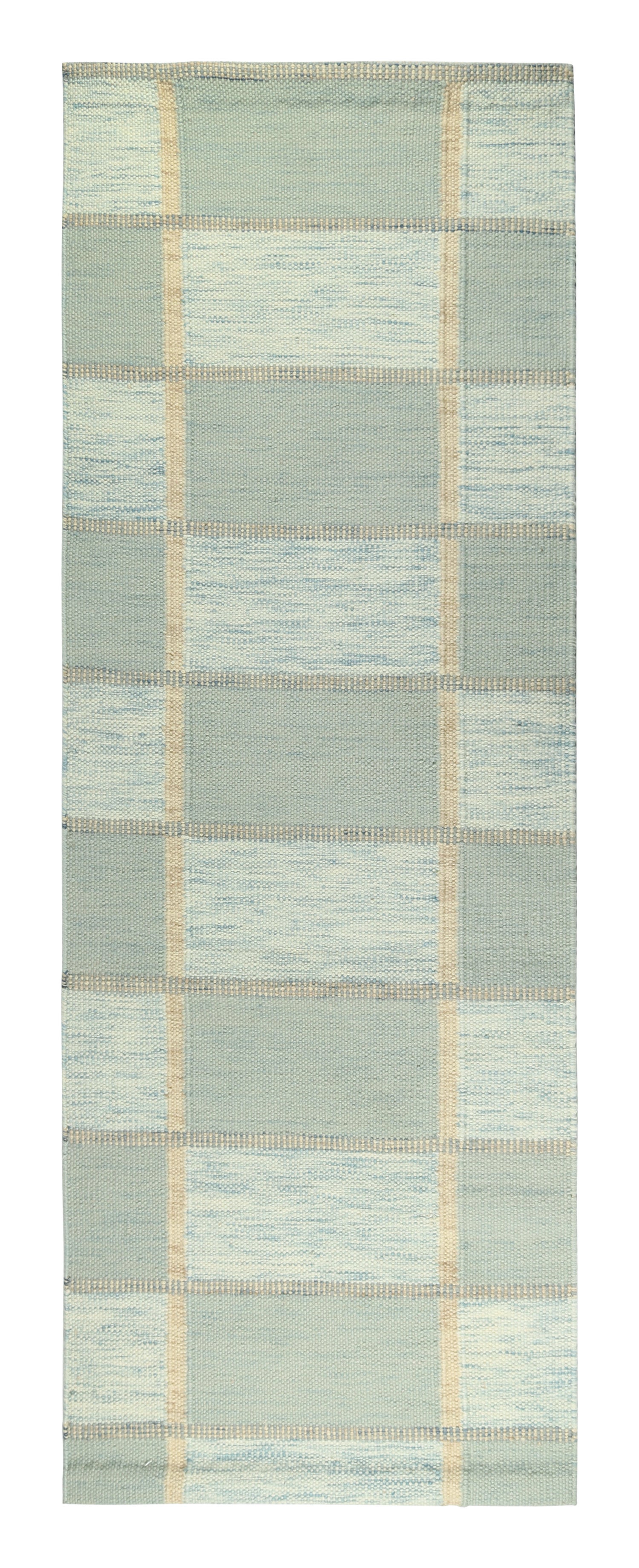 Rug & Kilim’s Scandinavian Kilim Style Runner in Seafoam Geometric Pattern For Sale