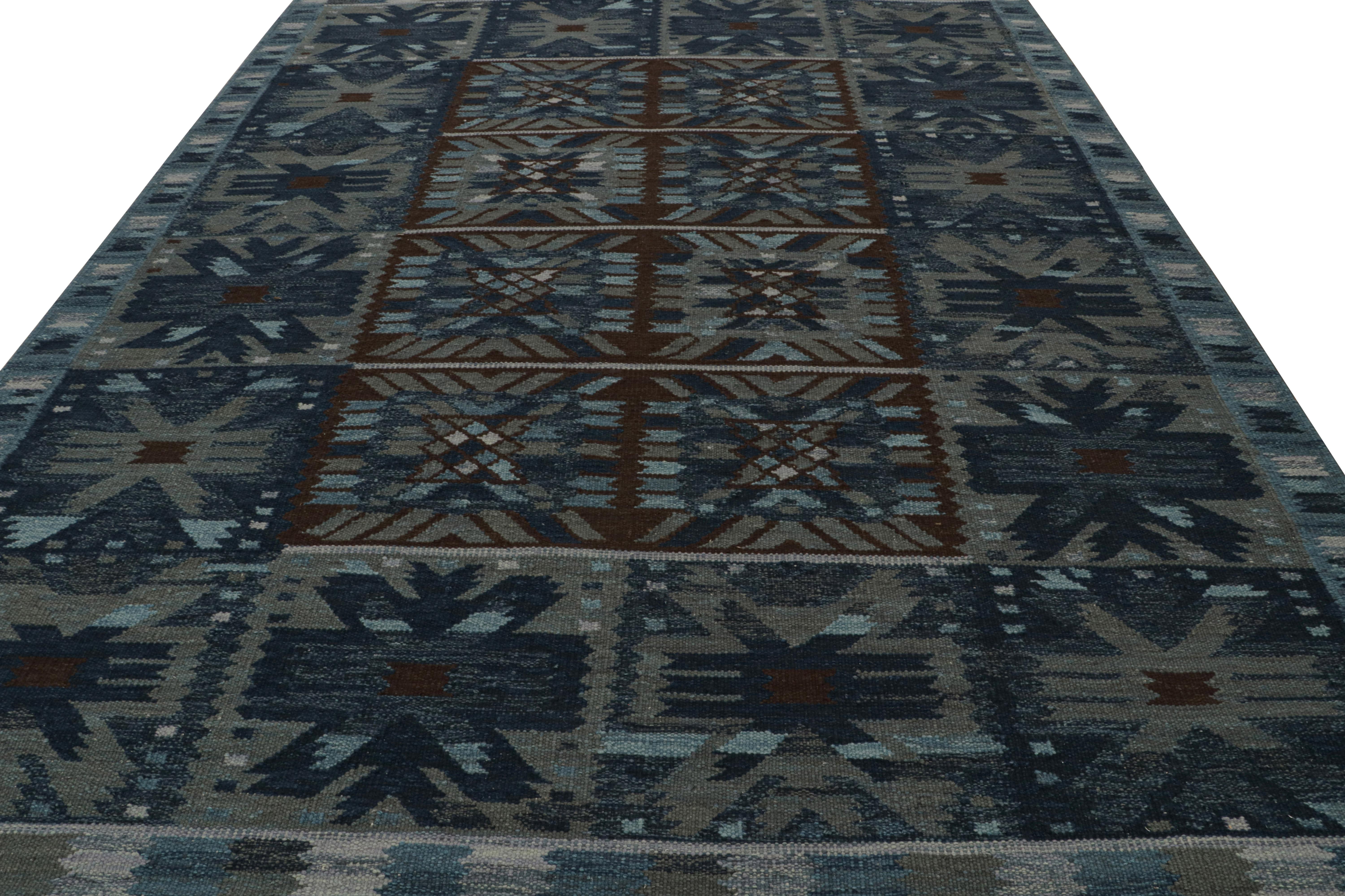 Modern Rug & Kilim’s Scandinavian Kilim with Geometric Patterns in Dark Blue For Sale