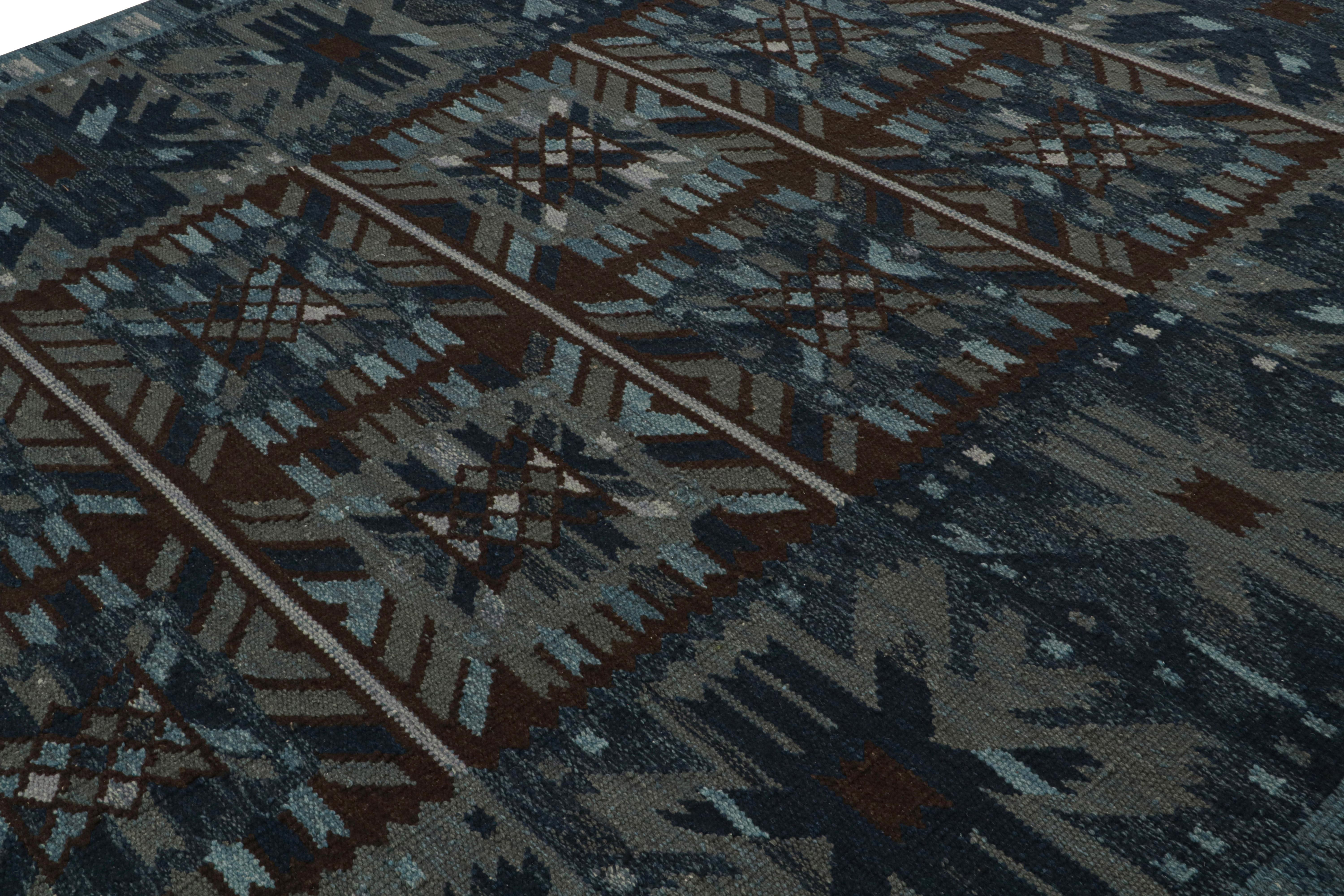 Indian Rug & Kilim’s Scandinavian Kilim with Geometric Patterns in Dark Blue For Sale