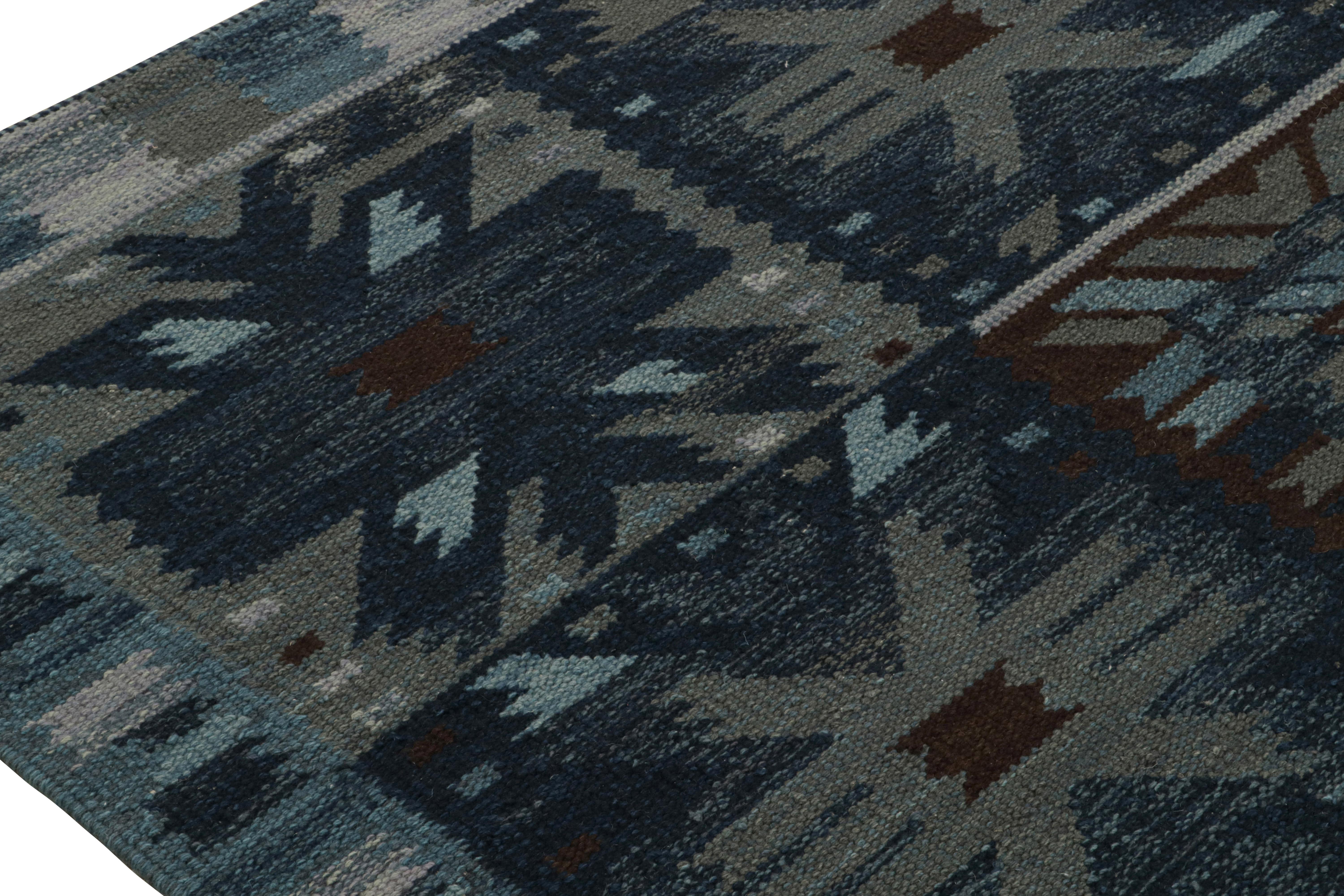 Hand-Knotted Rug & Kilim’s Scandinavian Kilim with Geometric Patterns in Dark Blue For Sale
