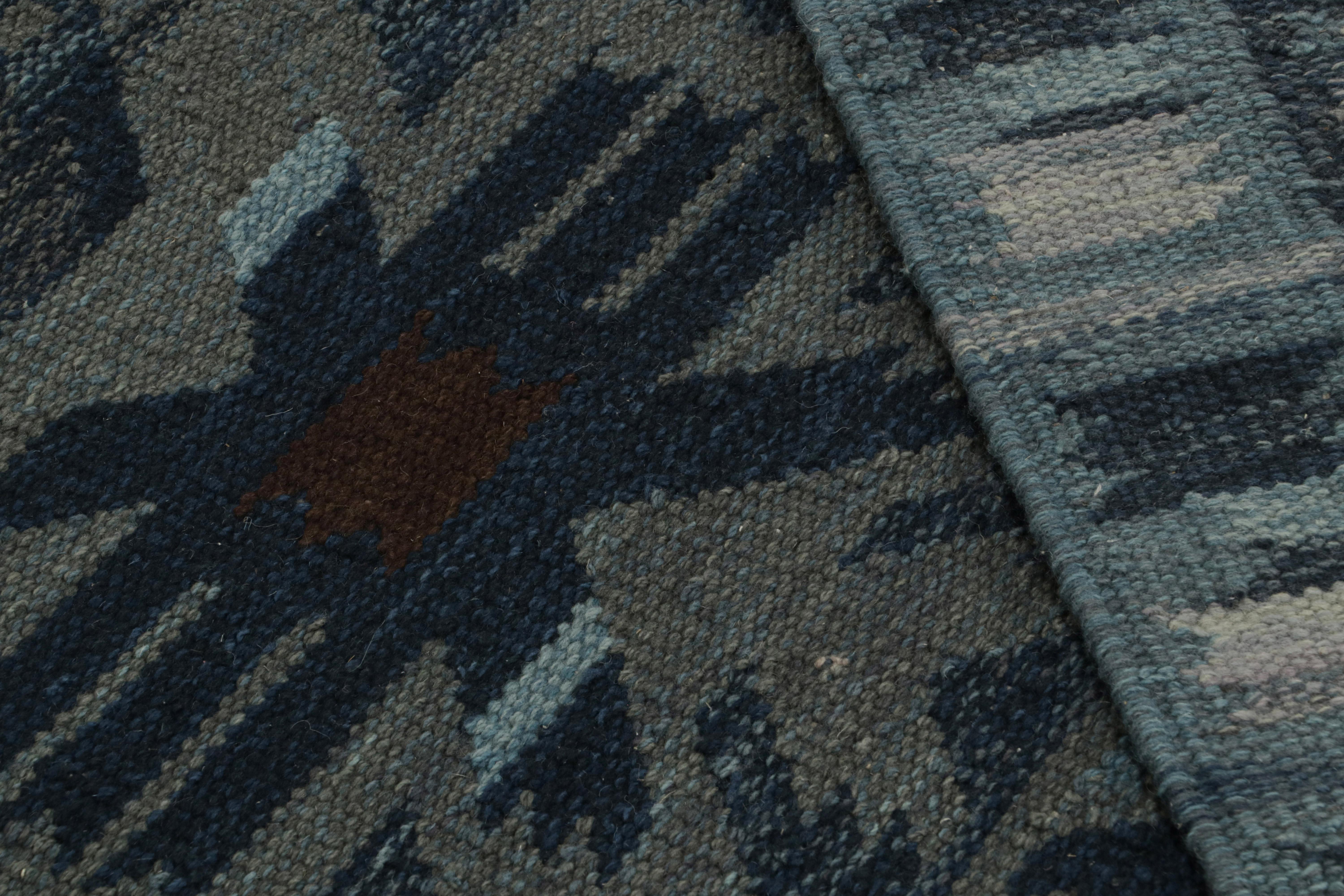Contemporary Rug & Kilim’s Scandinavian Kilim with Geometric Patterns in Dark Blue For Sale