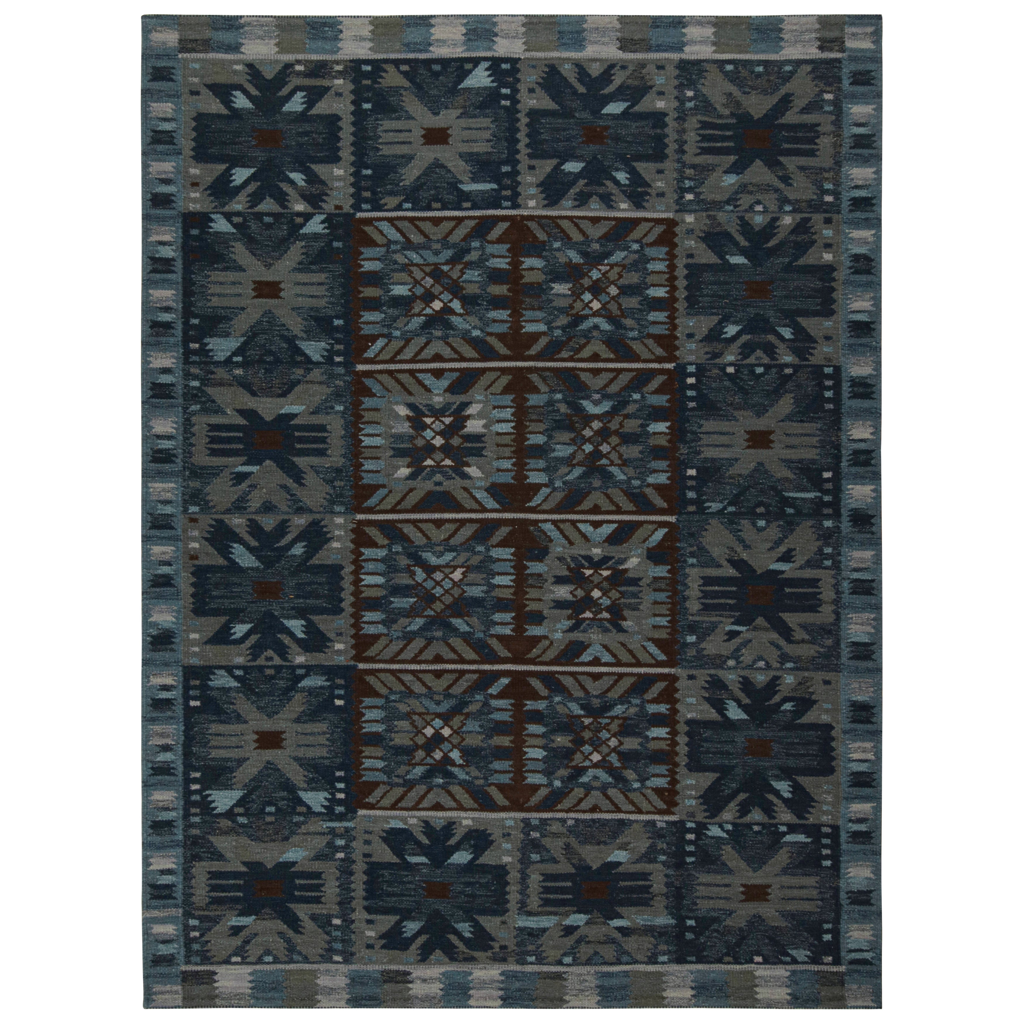 Rug & Kilim’s Scandinavian Kilim with Geometric Patterns in Dark Blue For Sale