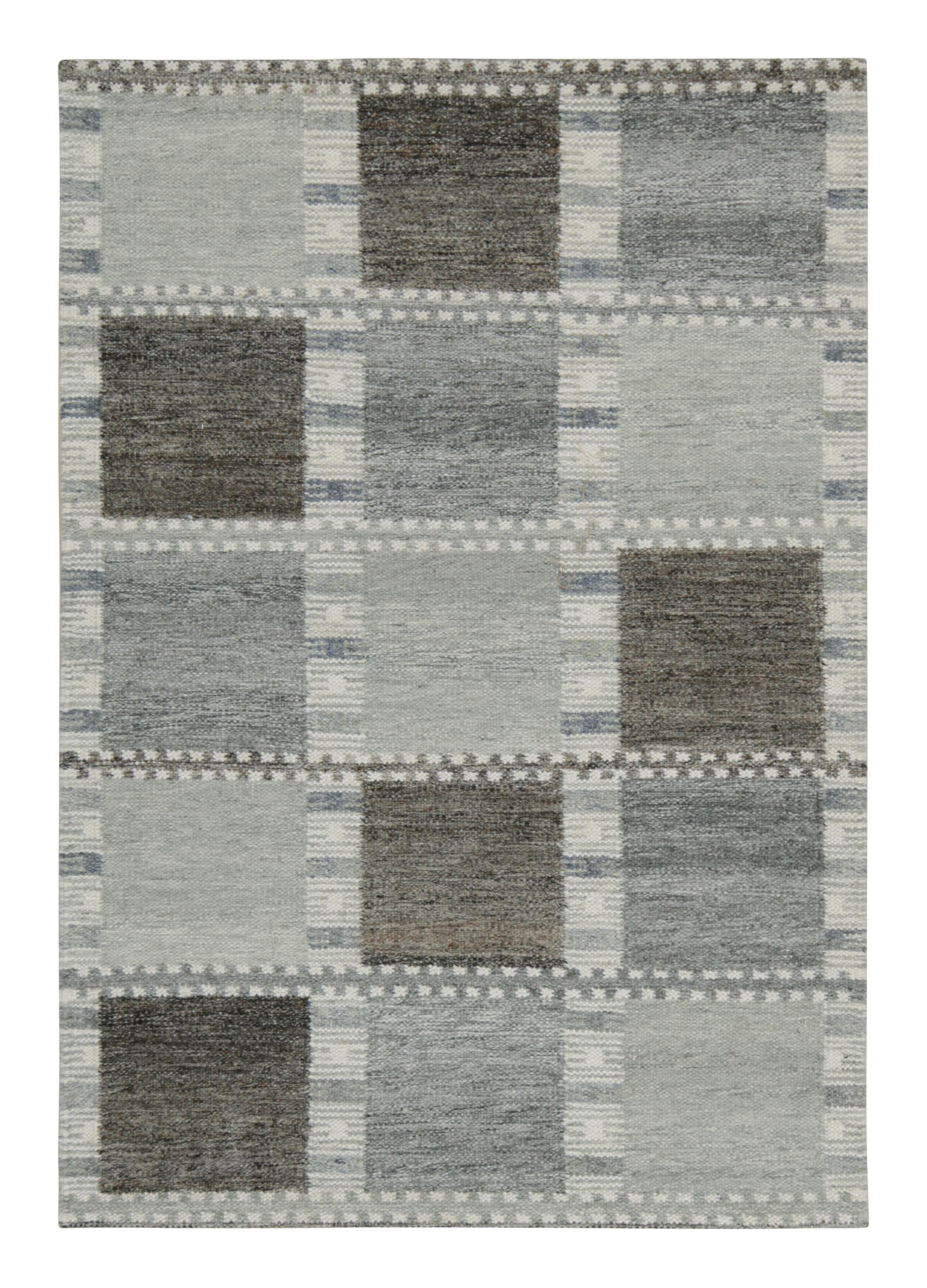 A smart 5×7 Swedish style kilim from the outdoor texture of Rug & Kilim’s award-winning Scandinavian flat weaves. Handwoven in performance polyester.

On the Design:

This rug enjoys geometric patterns in varied gray and white, with cool blue